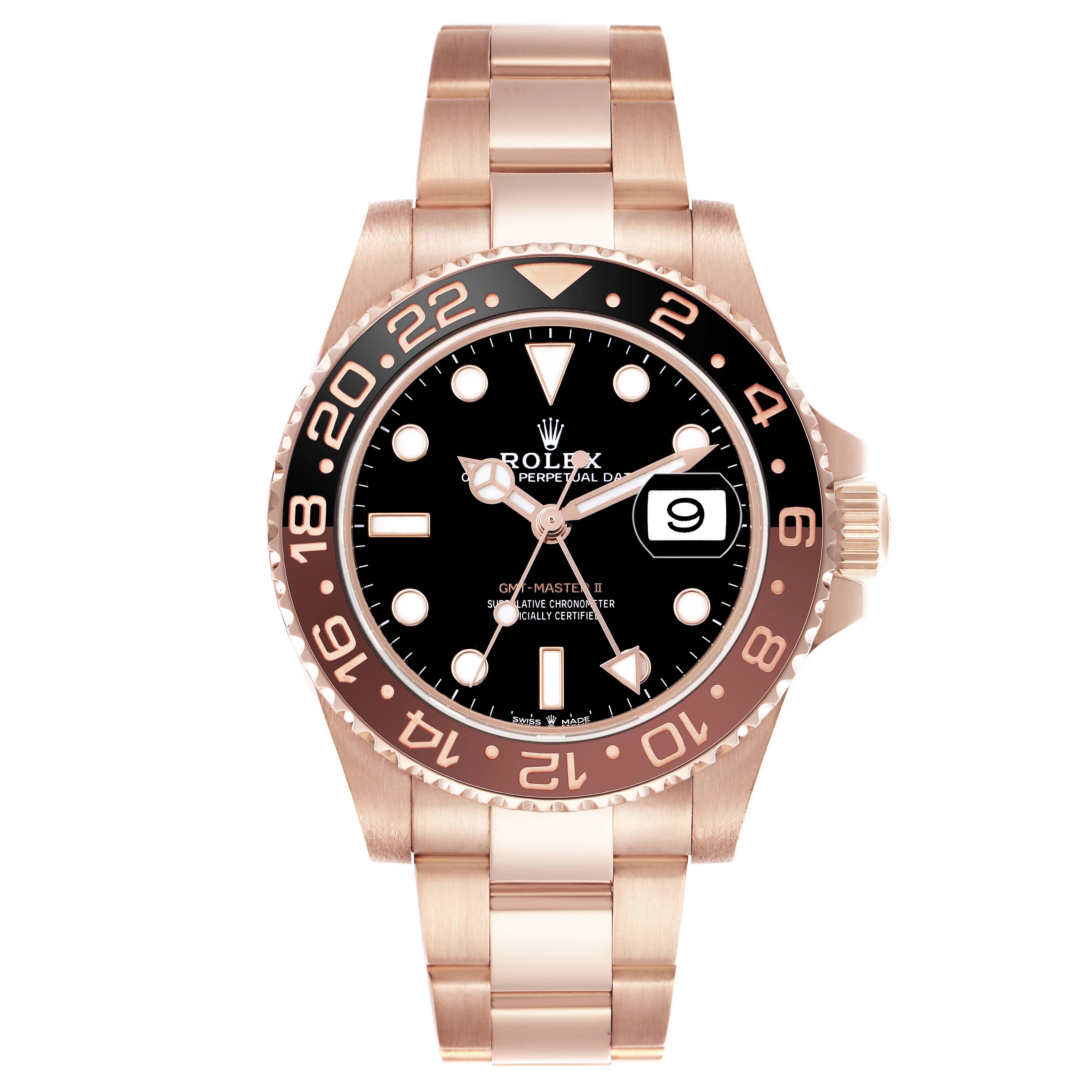 The Rolex GMT-Master 126715 Men's Rose Gold Black Dial II is shown front-facing, displaying its bezel, dial, hands, and bracelet.