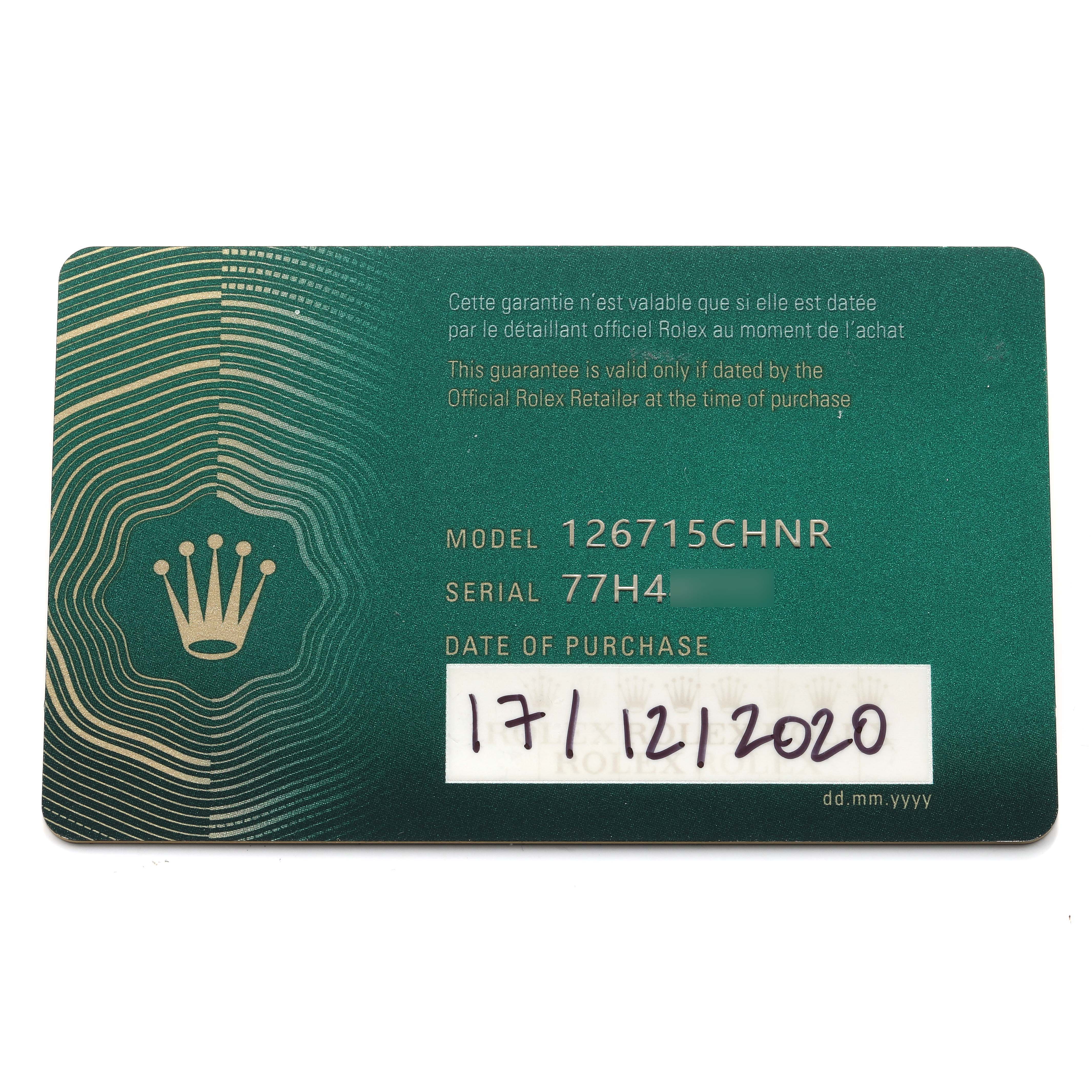 This image shows a Rolex GMT-Master 126715 Men's Rose Gold Black Dial model warranty card with model 126715CHNR information.