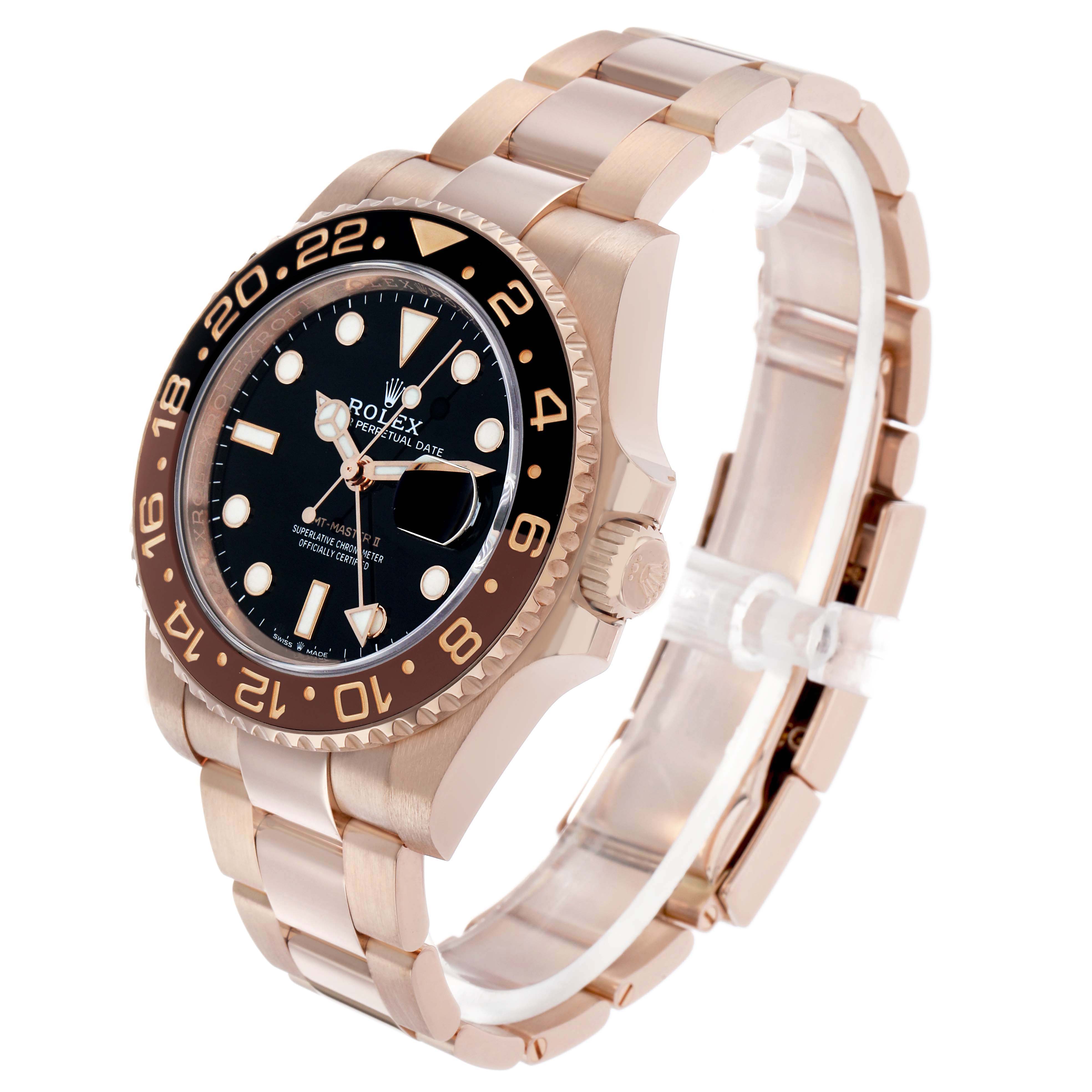 The Rolex GMT-Master 126715 Men's Rose Gold Black Dial watch is shown at a three-quarter angle, highlighting the bezel, dial, and bracelet.