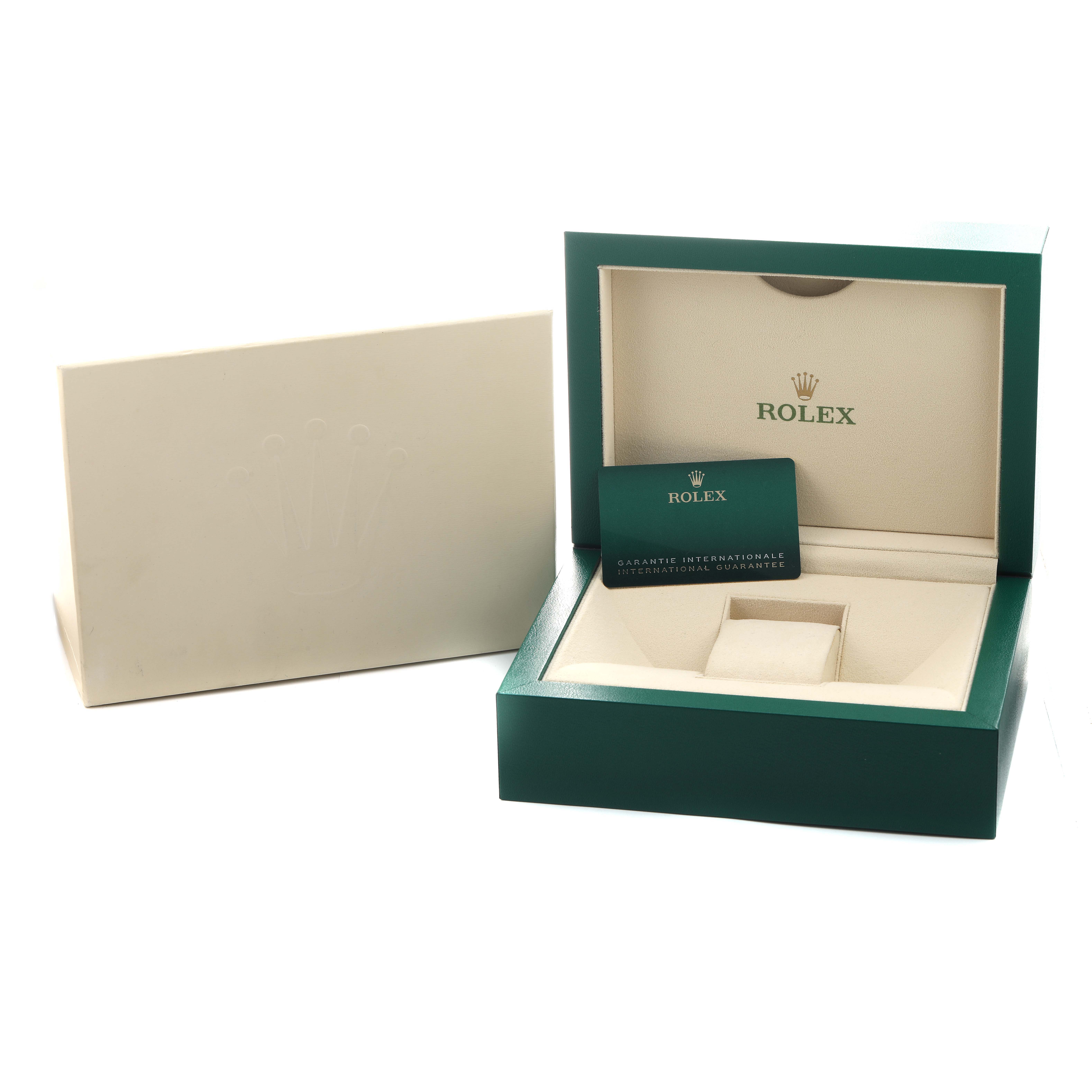 The image shows an open Rolex GMT-Master 126715 Men's Rose Gold Black Dial box with international guarantee card and packaging.