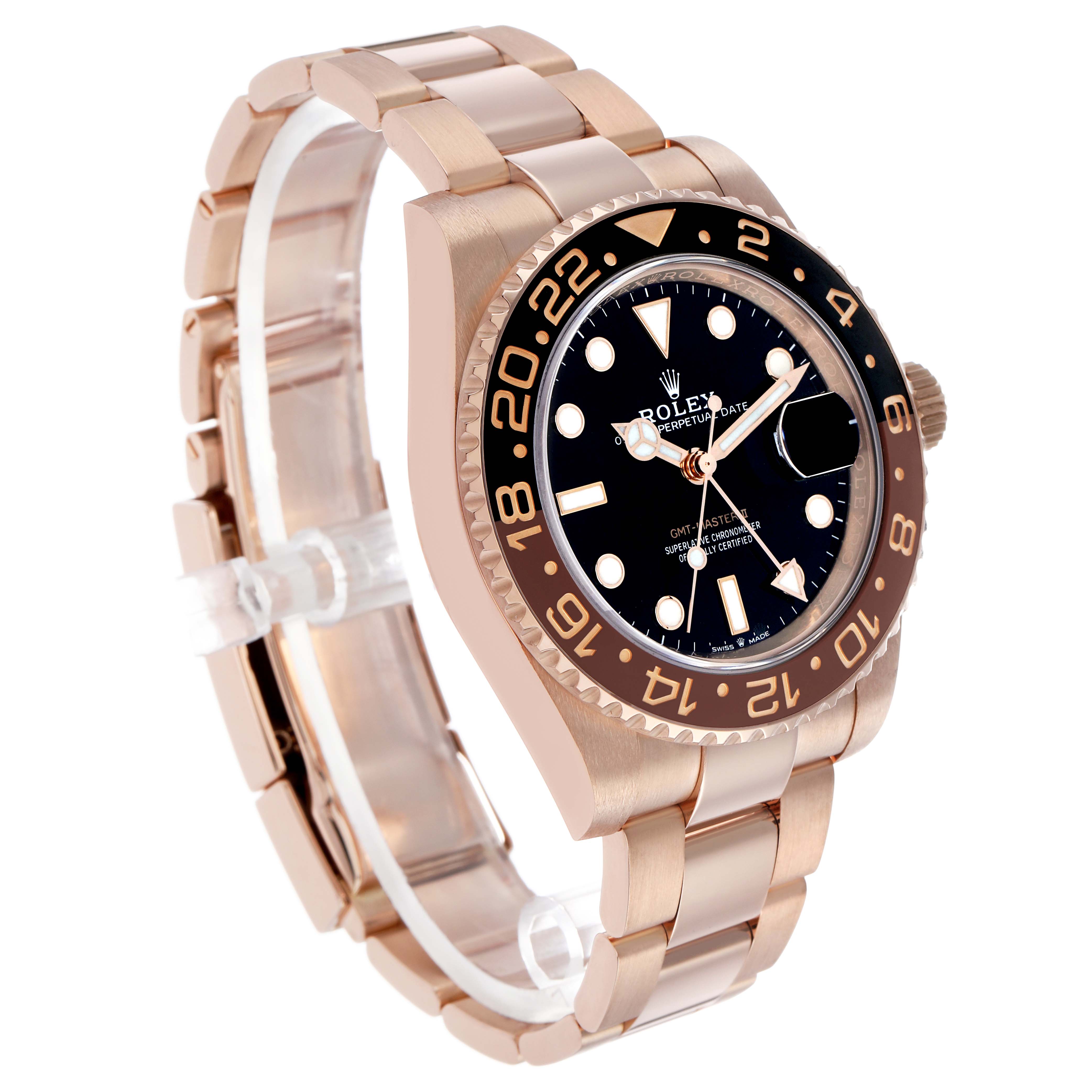 The Rolex GMT-Master 126715 Men's Rose Gold Black Dial watch is shown at a three-quarter angle, highlighting the bezel, dial, and bracelet.