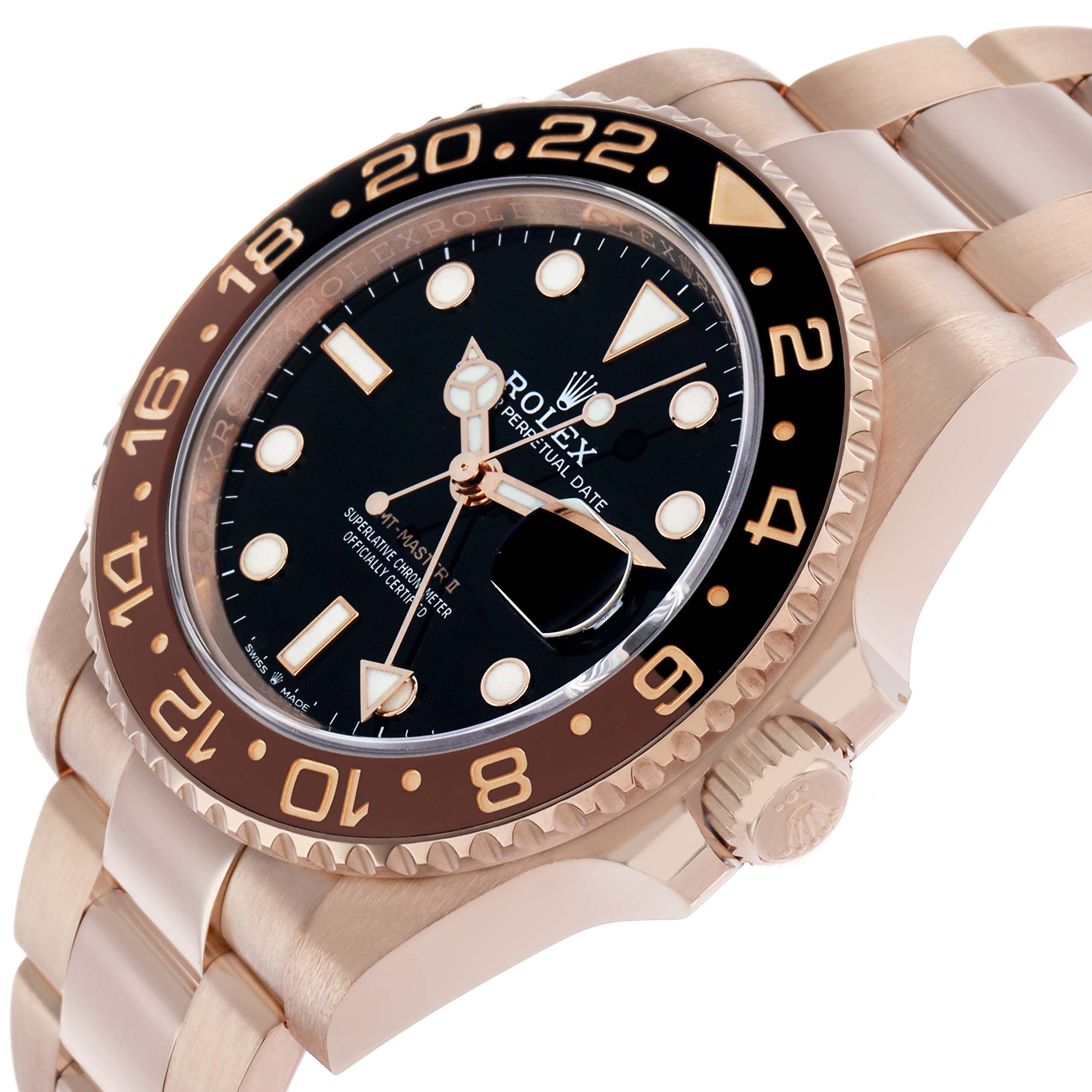 The Rolex GMT-Master 126715 Men's Rose Gold Black Dial is shown at an angled view, highlighting the face, bezel, and part of the bracelet.