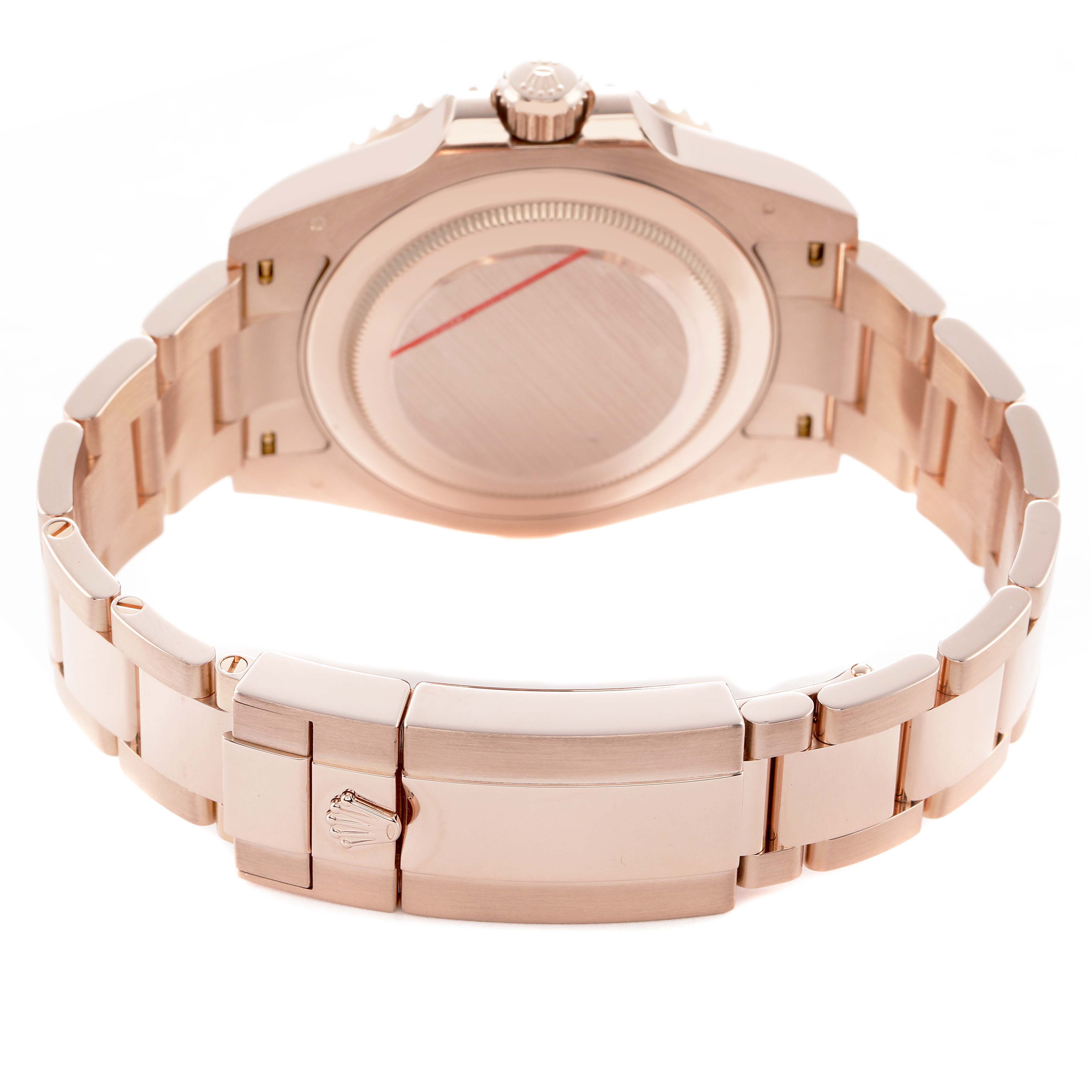 The image shows the back and clasp of a Rolex GMT-Master 126715 Men's Rose Gold Black Dial, highlighting the bracelet and case back.