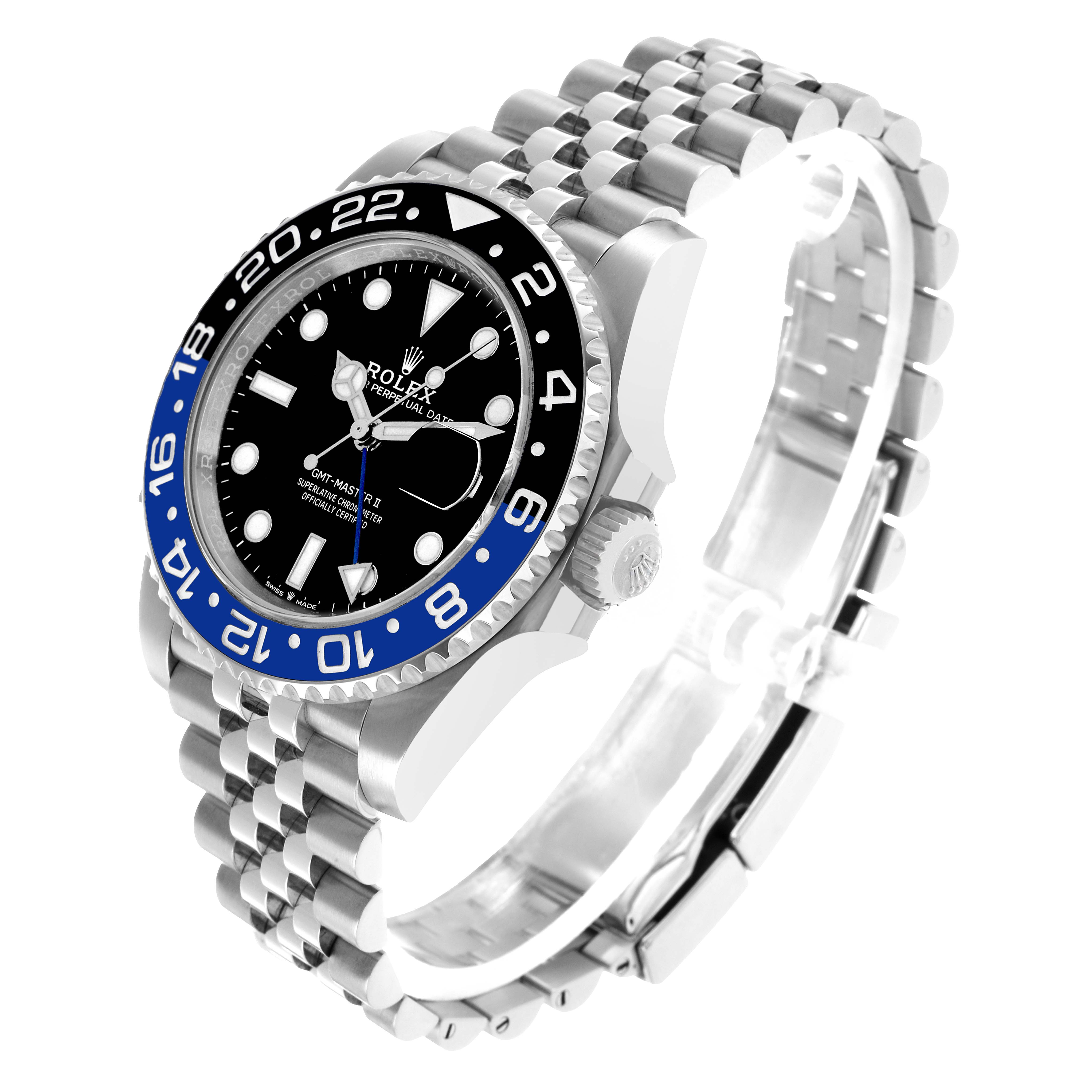 The Rolex GMT-Master 126710 Men's Stainless Steel Black Dial watch is shown at a tilted angle, highlighting the bezel, dial, and Jubilee bracelet.