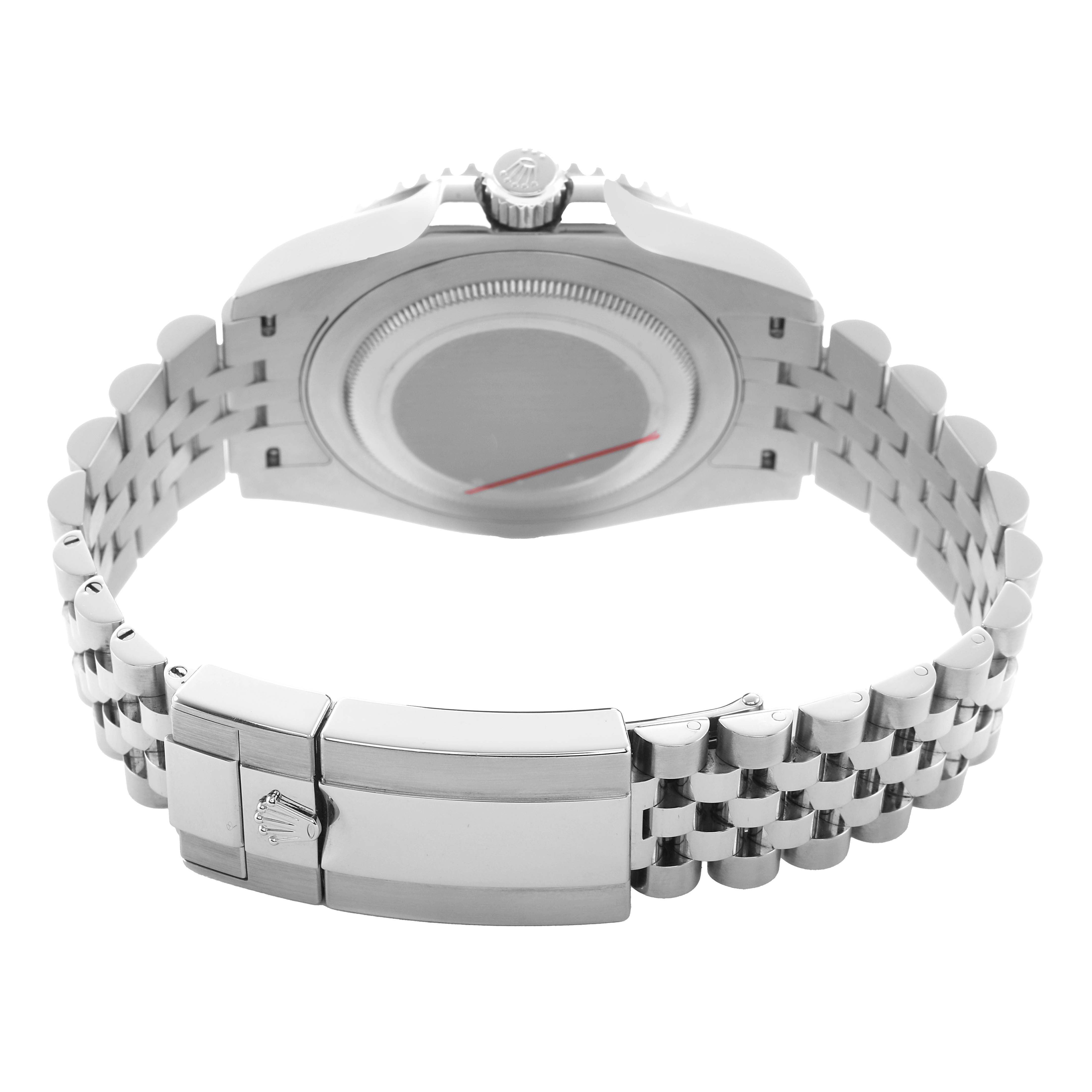 The image shows the case back and bracelet of a Rolex GMT-Master 126710 Men's Stainless Steel Black Dial, viewed from the underside.