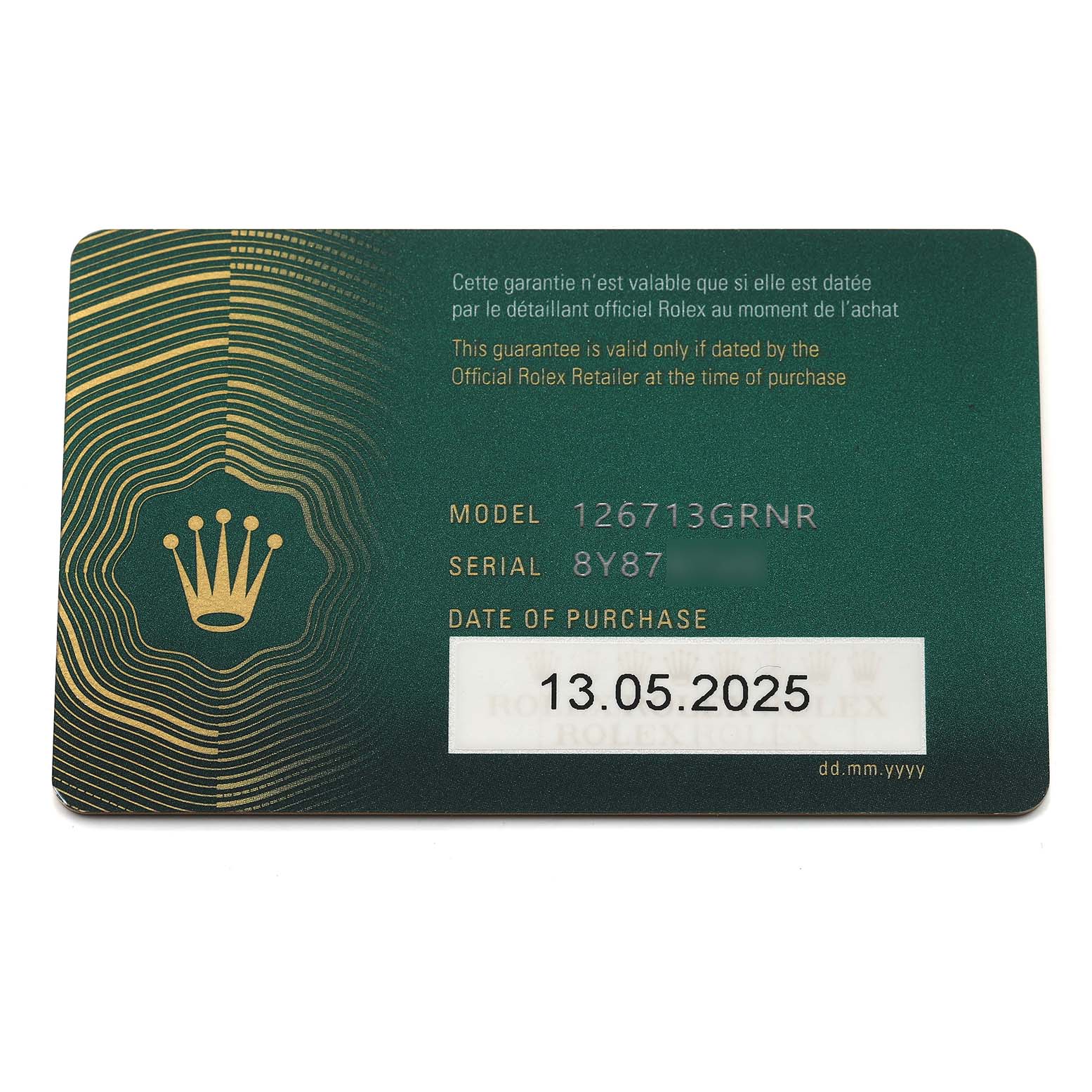 This is a warranty card for a Rolex GMT-Master 126713 Men's Steel and Gold (two tone) Black Dial, showing the model, serial number, and purchase date.