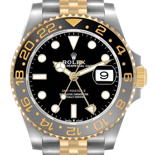The Rolex GMT-Master 126713 Men's Steel and Gold (two tone) Black Dial watch is shown from a front angle, highlighting its bezel, dial, and bracelet.