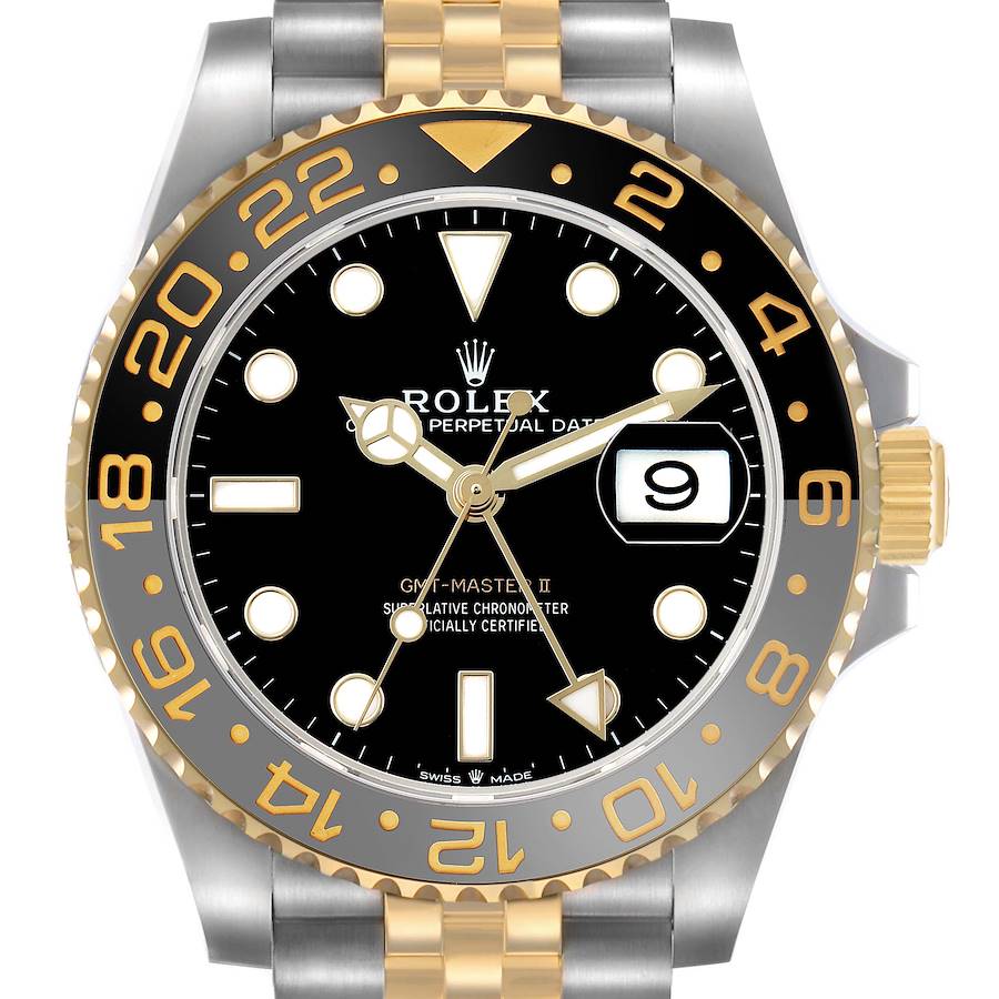 The Rolex GMT-Master 126713 Men's Steel and Gold (two tone) Black Dial watch is shown from a front angle, highlighting the bezel, dial, crown, and part of the bracelet.
