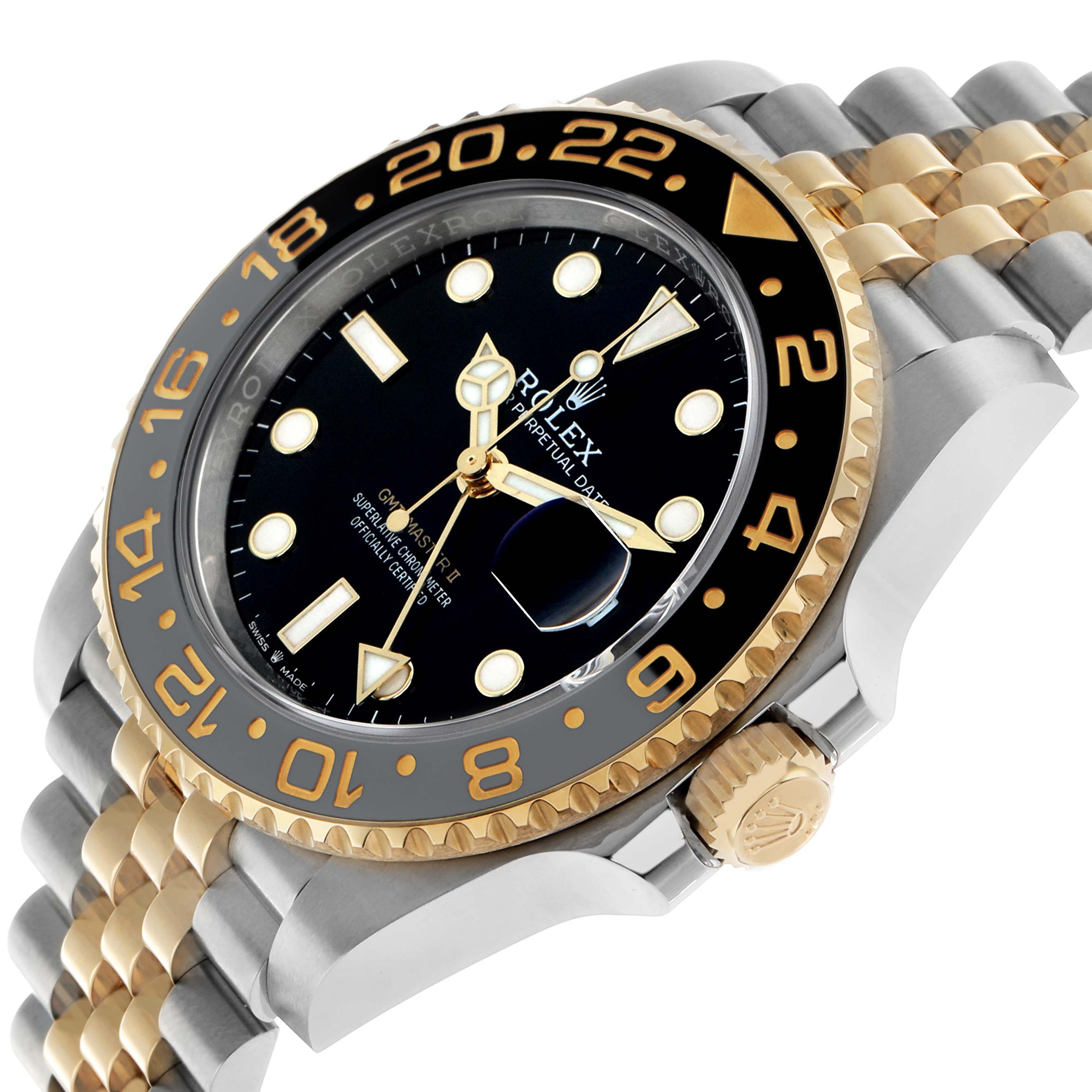 The Rolex GMT-Master 126713 Men's Steel and Gold (two tone) Black Dial watch is shown at an oblique angle displaying the bezel, face, crown, and part of the bracelet.