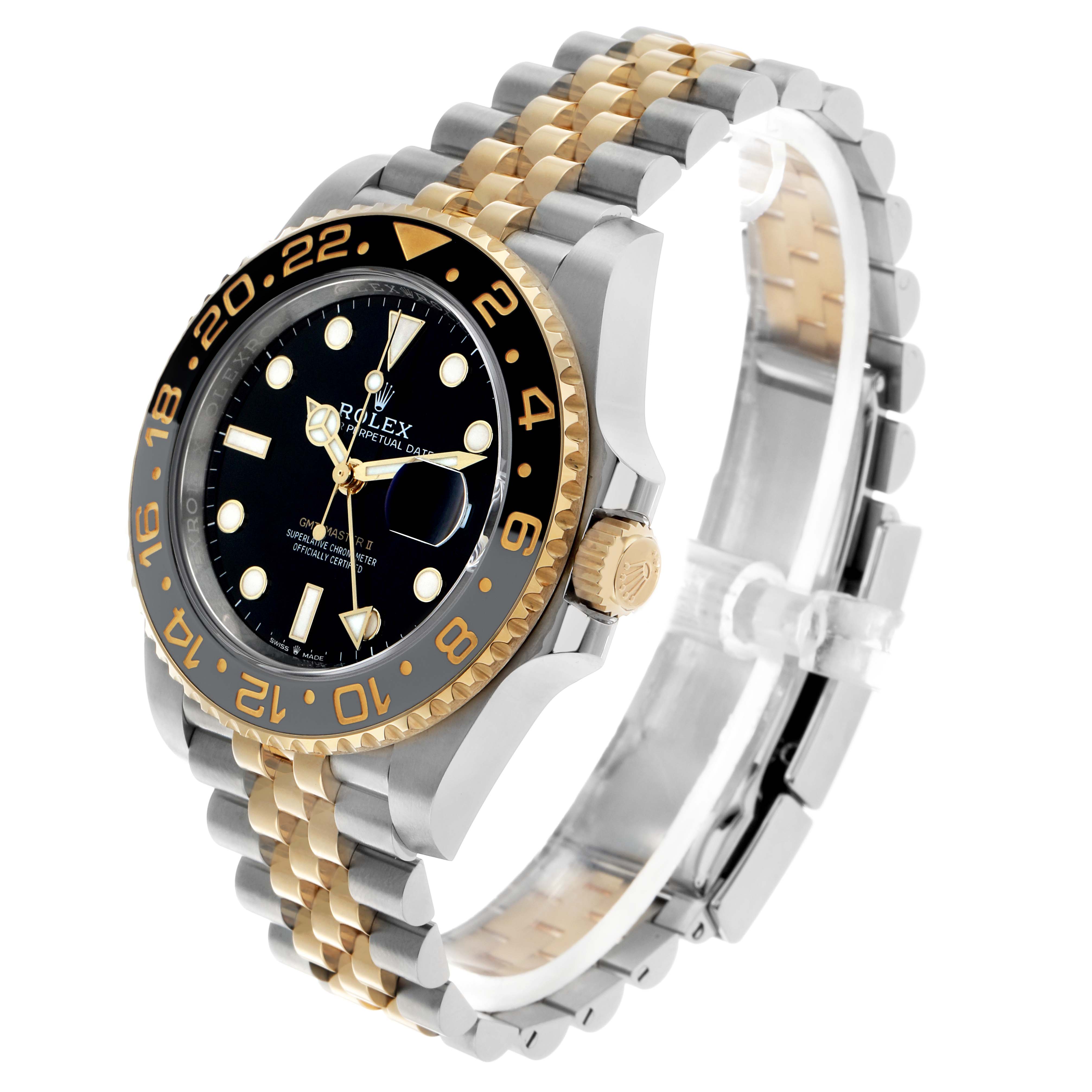 The image shows a Rolex GMT-Master 126713 Men's Steel and Gold (two tone) Black Dial watch at a three-quarter angle, highlighting the bezel, crown, and two-tone bracelet.