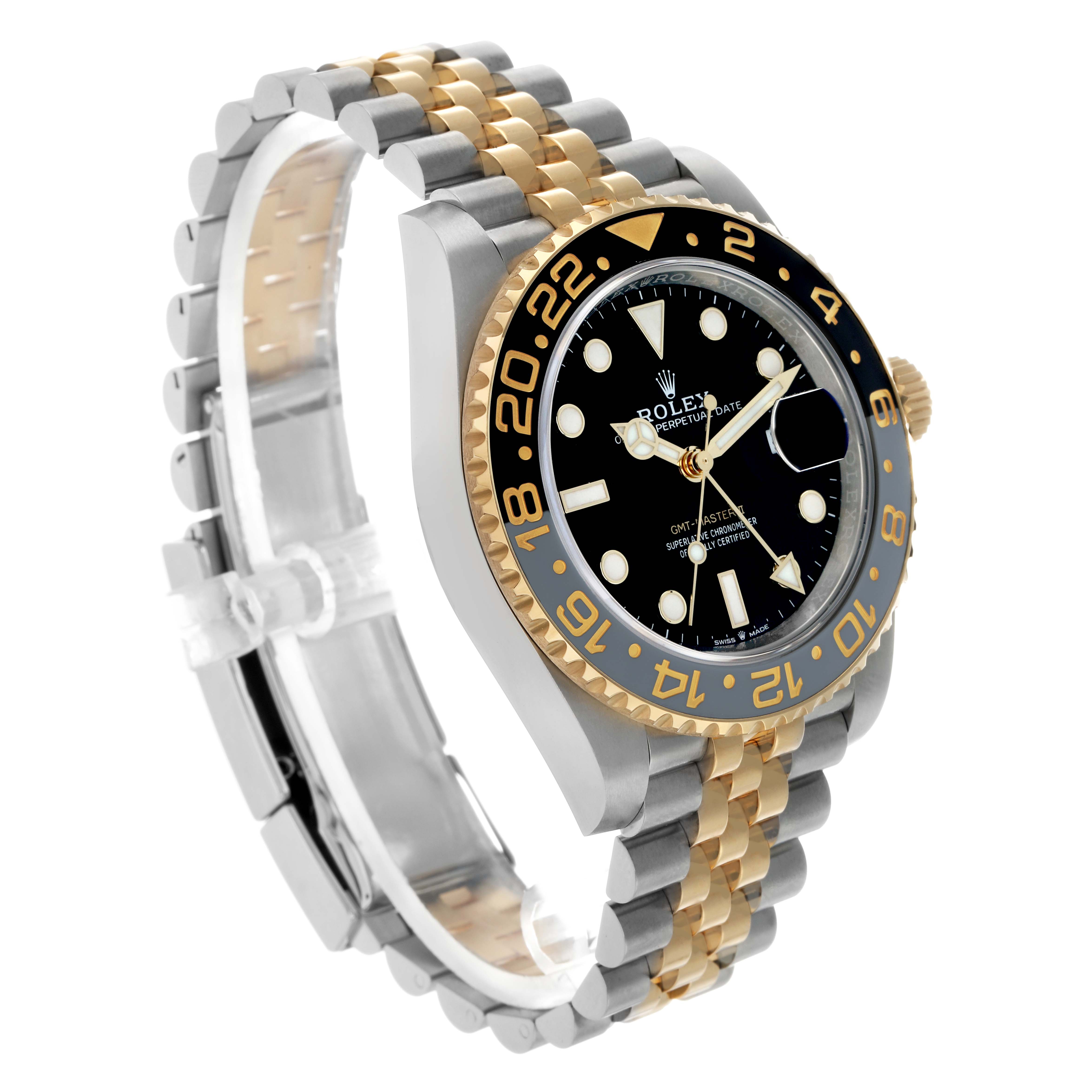 The Rolex GMT-Master 126713 Men's Steel and Gold (two tone) Black Dial watch is shown at a three-quarter angle, highlighting the bezel, case, and two-tone bracelet.
