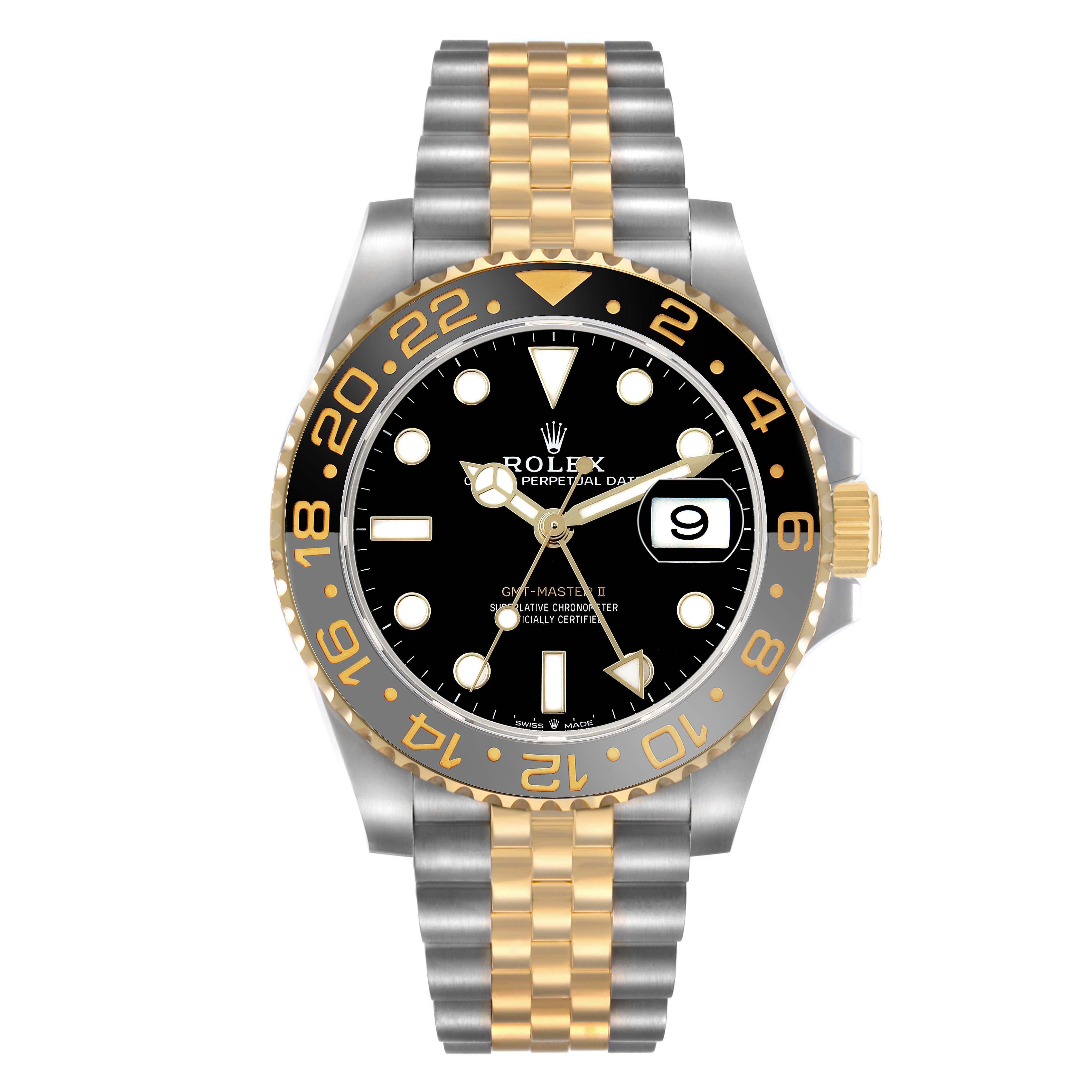 The Rolex GMT-Master 126713 Men's Steel and Gold (two tone) Black Dial watch is shown from the front, displaying its two-tone bracelet, black and gold bezel, and black dial.