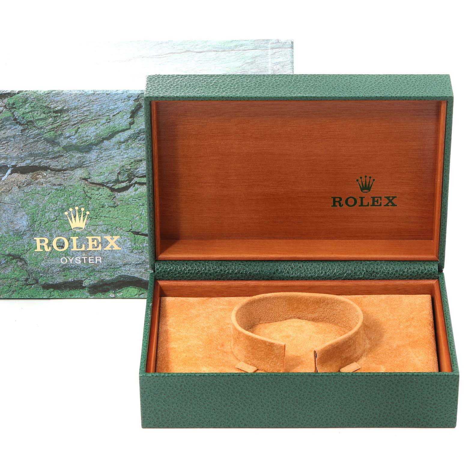 This image shows an open Rolex watch box with no watch inside, displaying the inner lining and cushion for a Mid-Size Rolex model.