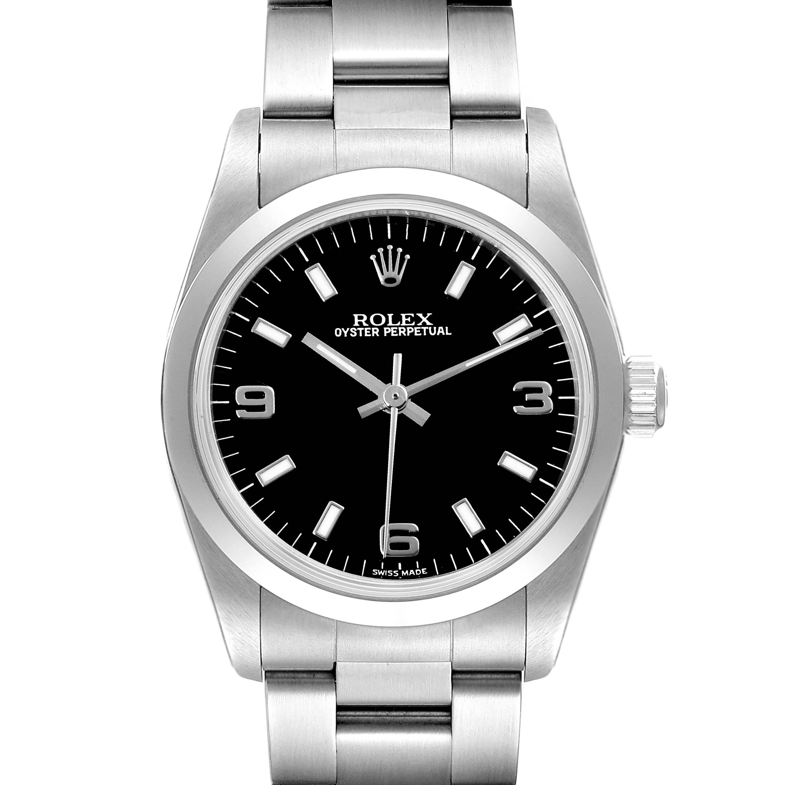 This image shows a front view of a Rolex Oyster Perpetual Mid-Size watch, highlighting the dial, case, and bracelet.