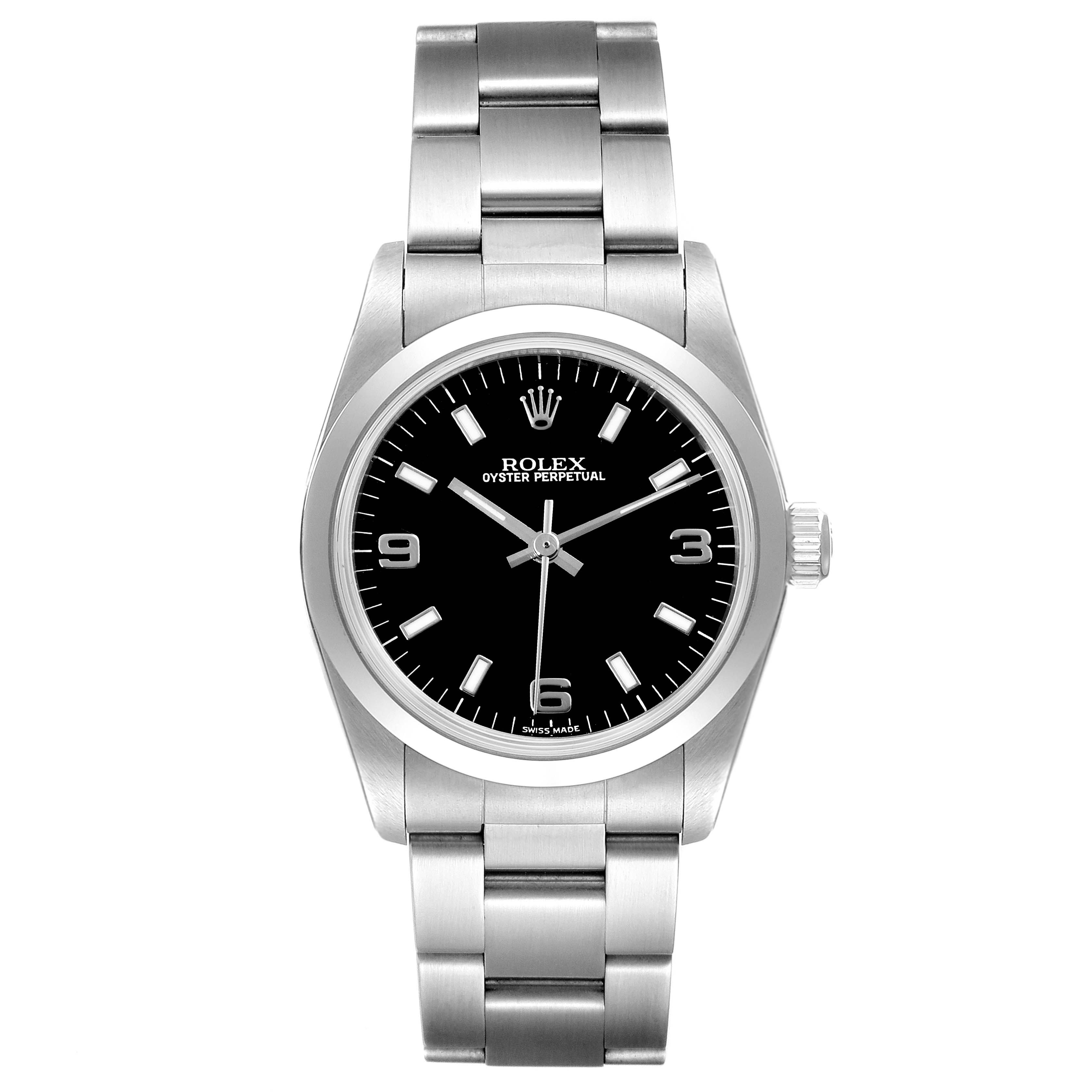 This is a frontal view of a Rolex Oyster Perpetual Mid-Size, showing the dial, bezel, case, and bracelet.