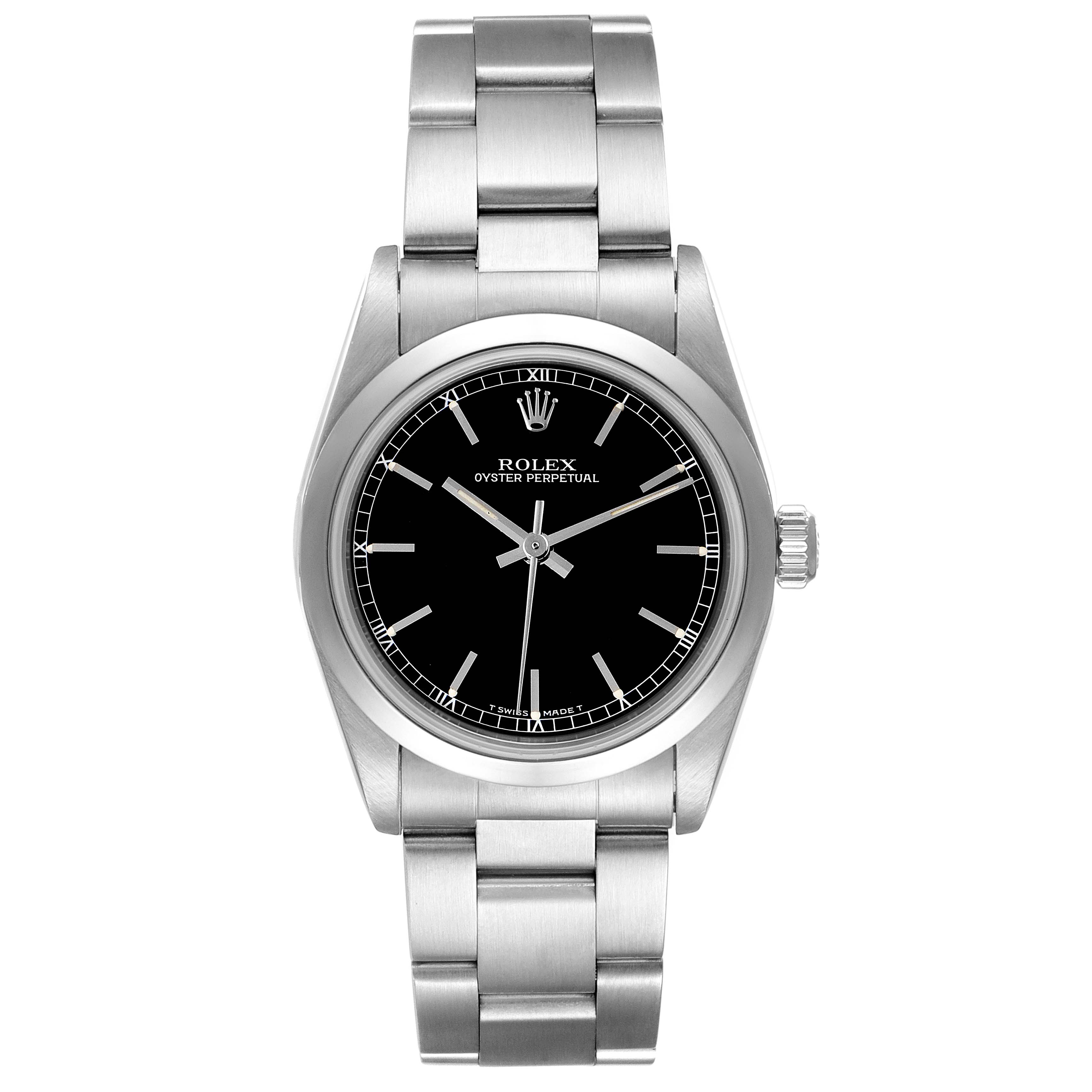 This image shows a front view of a Rolex Mid-Size 67480 Women's Stainless Steel Black Dial 67480 Women's Stainless Steel Black Dial Oyster Perpetual watch with a stainless steel bracelet and black dial.