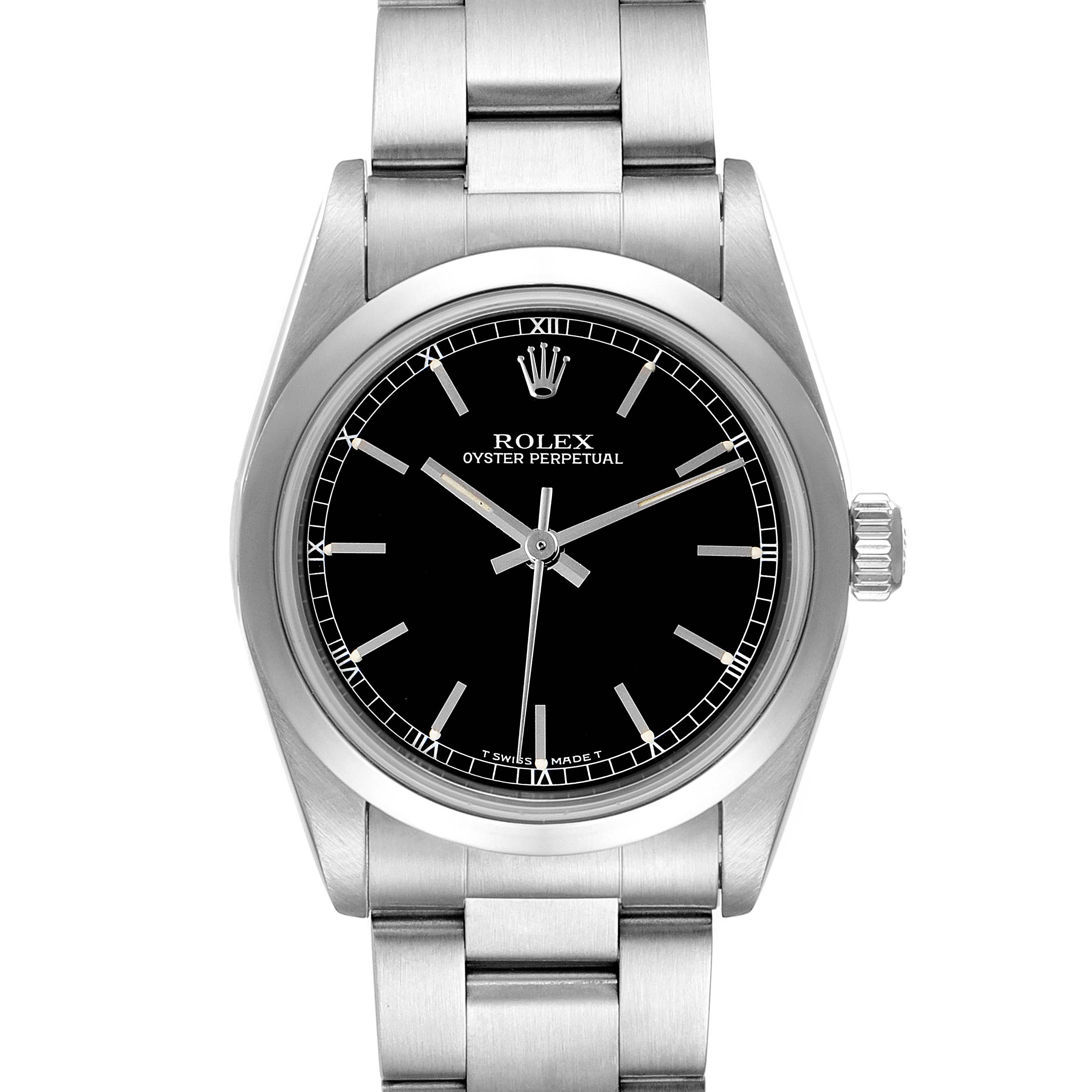 The image shows a front view of a Rolex Oyster Perpetual Mid-Size watch, highlighting the bracelet, case, and dial.