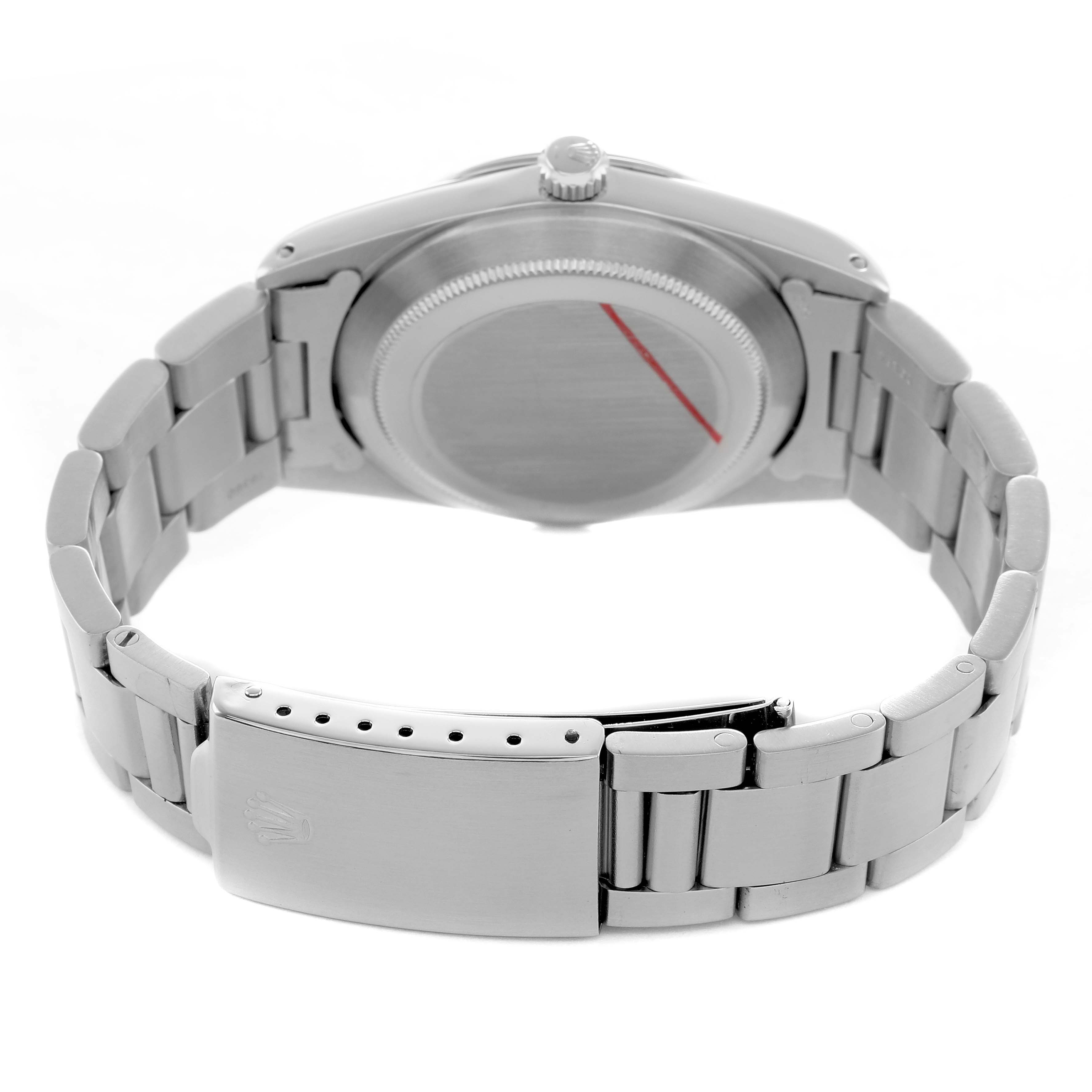 The image shows the back of the Rolex Vintage Collection 1019 Men's Stainless Steel Black Dial watch, highlighting its clasp and bracelet.