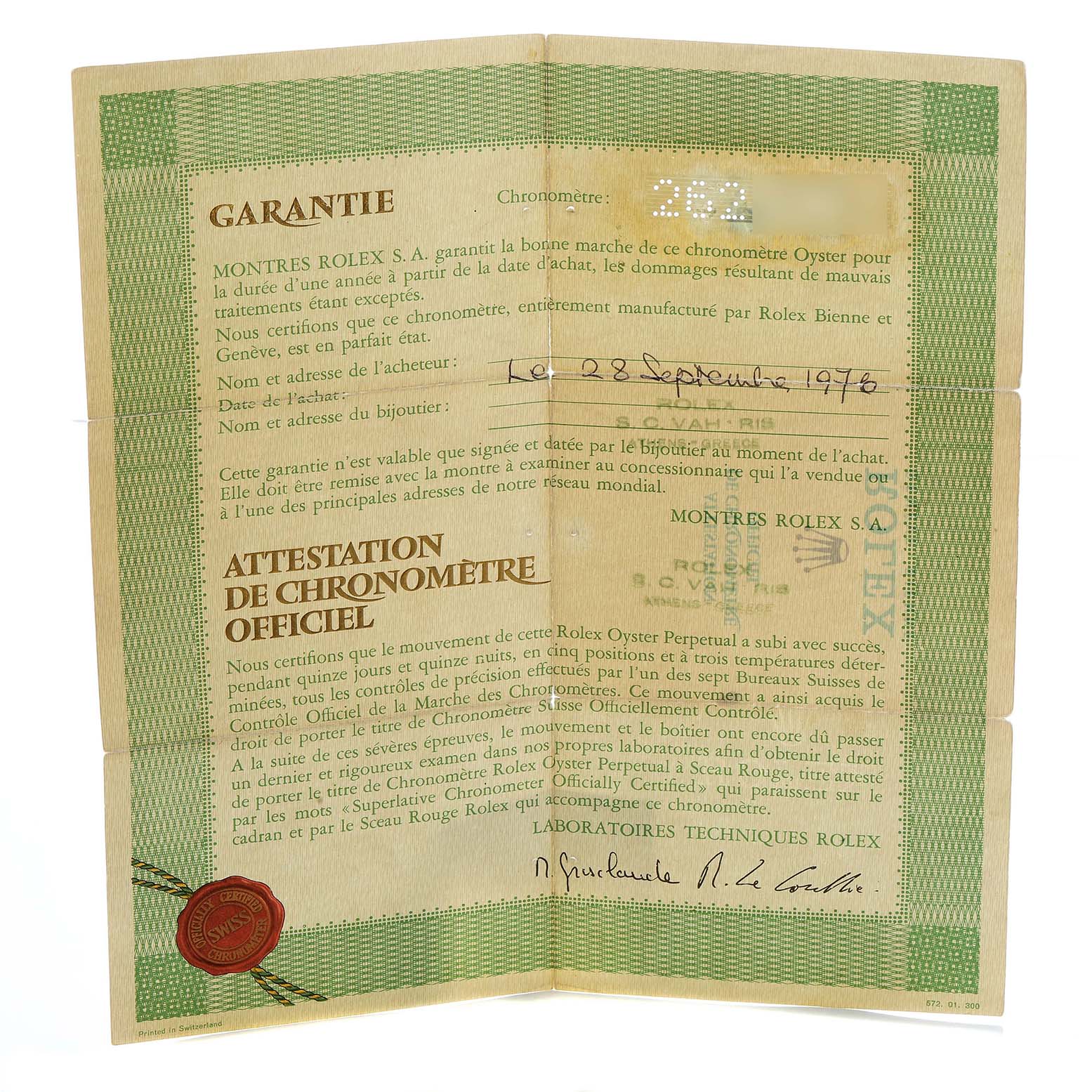 The image shows a warranty certificate for a Vintage Collection Rolex watch.