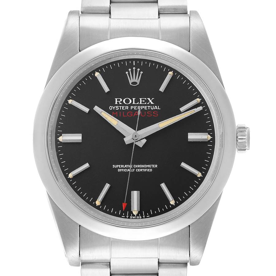 The Rolex Vintage Collection 1019 Men's Stainless Steel Black Dial watch is shown from a frontal angle, displaying the face, bezel, crown, and part of the bracelet.