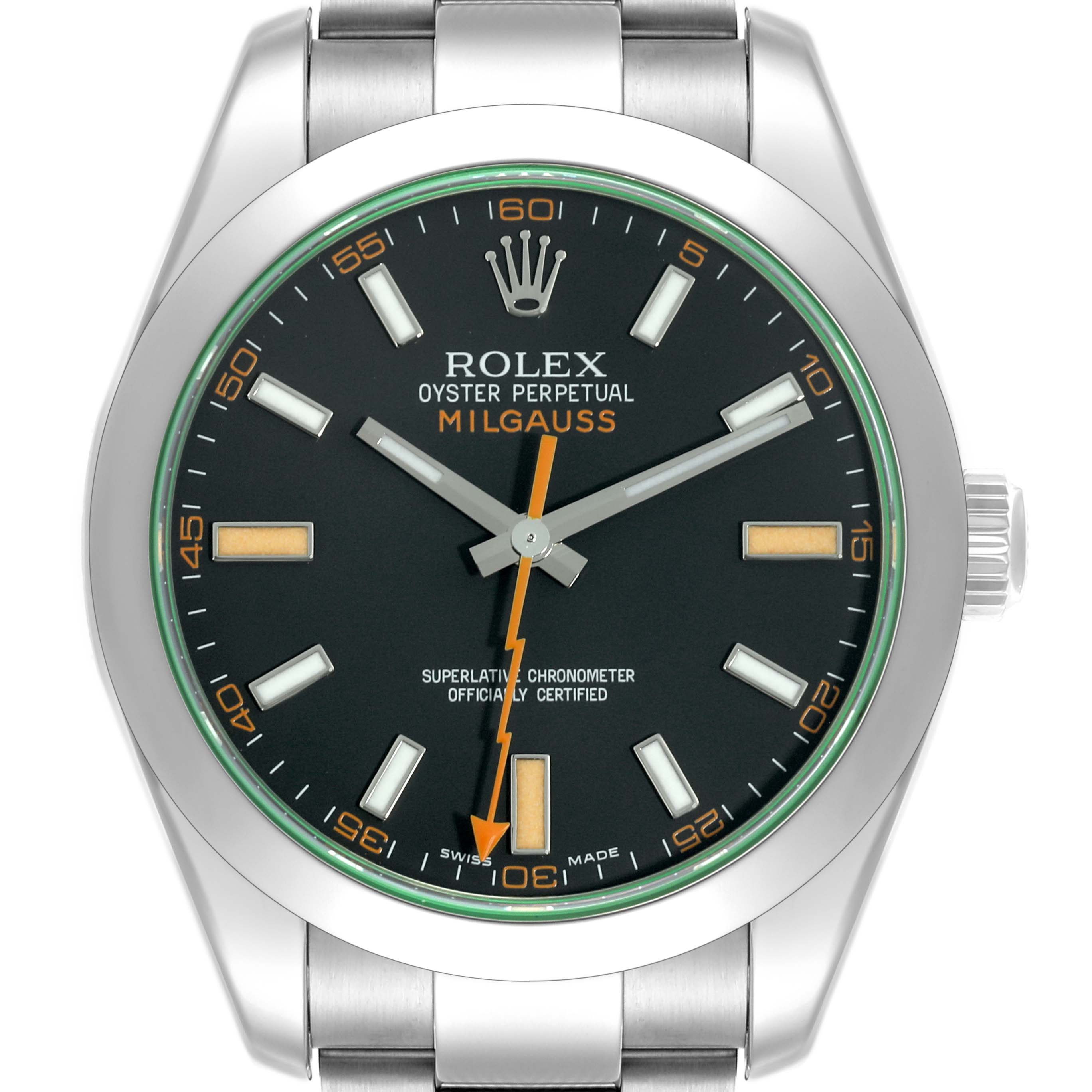 The image shows a front view of the Rolex Milgauss 116400 Men's Stainless Steel Black Dial 116400 Men's Stainless Steel Black Dial watch, highlighting the dial, hands, and bezel.