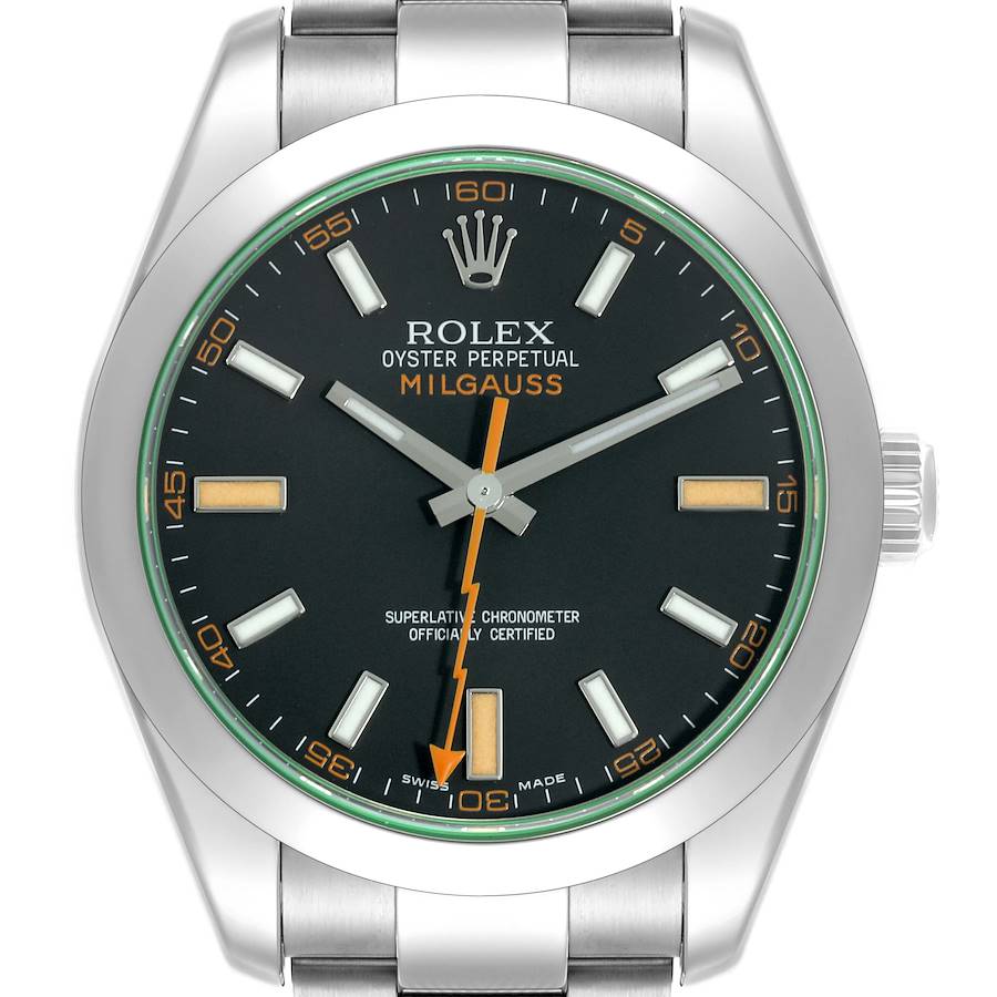 The image shows a front view of the Rolex Milgauss watch, highlighting the dial, hands, and bezel.