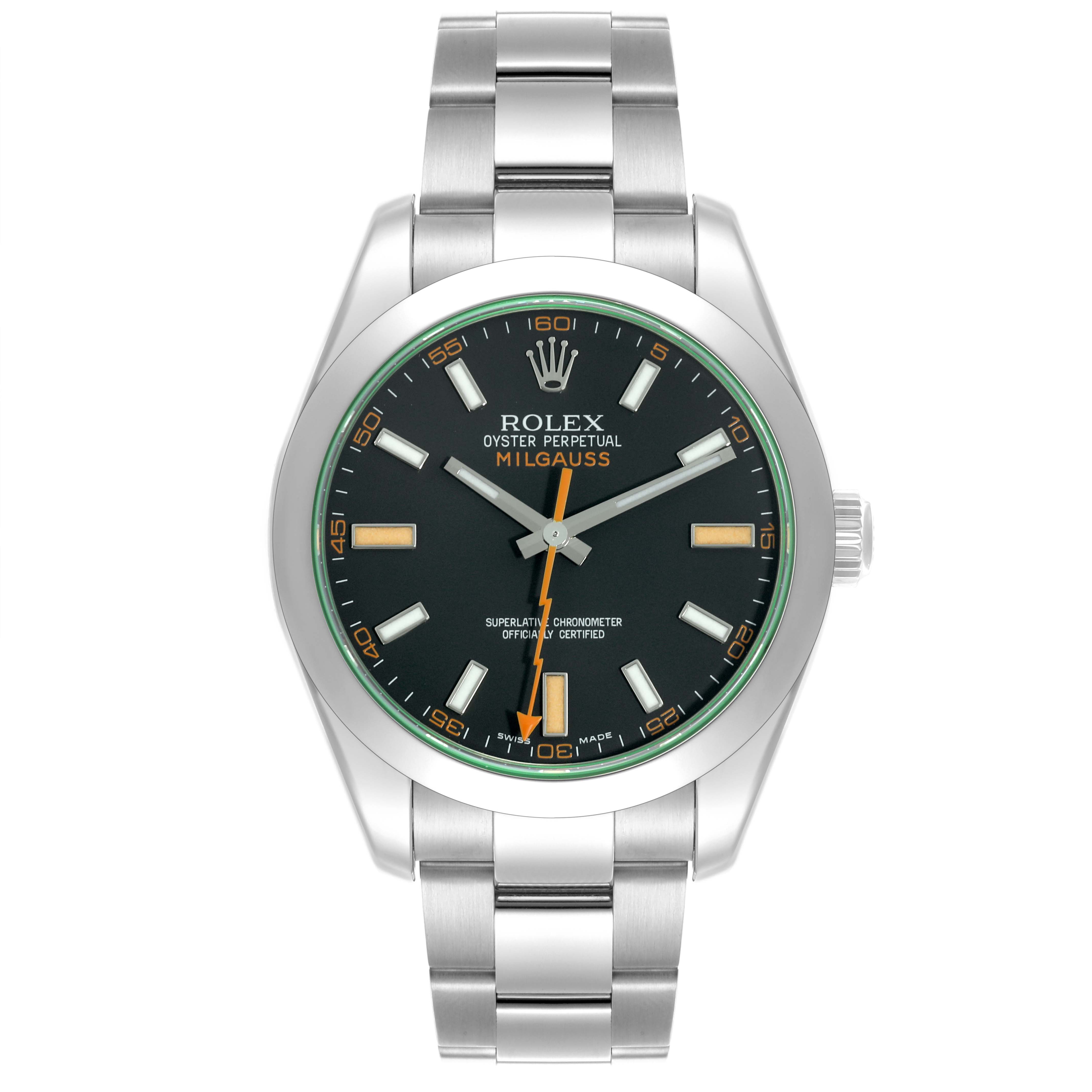 The Rolex Milgauss 116400 Men's Stainless Steel Black Dial 116400 Men's Stainless Steel Black Dial watch is shown from a front angle, displaying the face, hands, bezel, and bracelet.