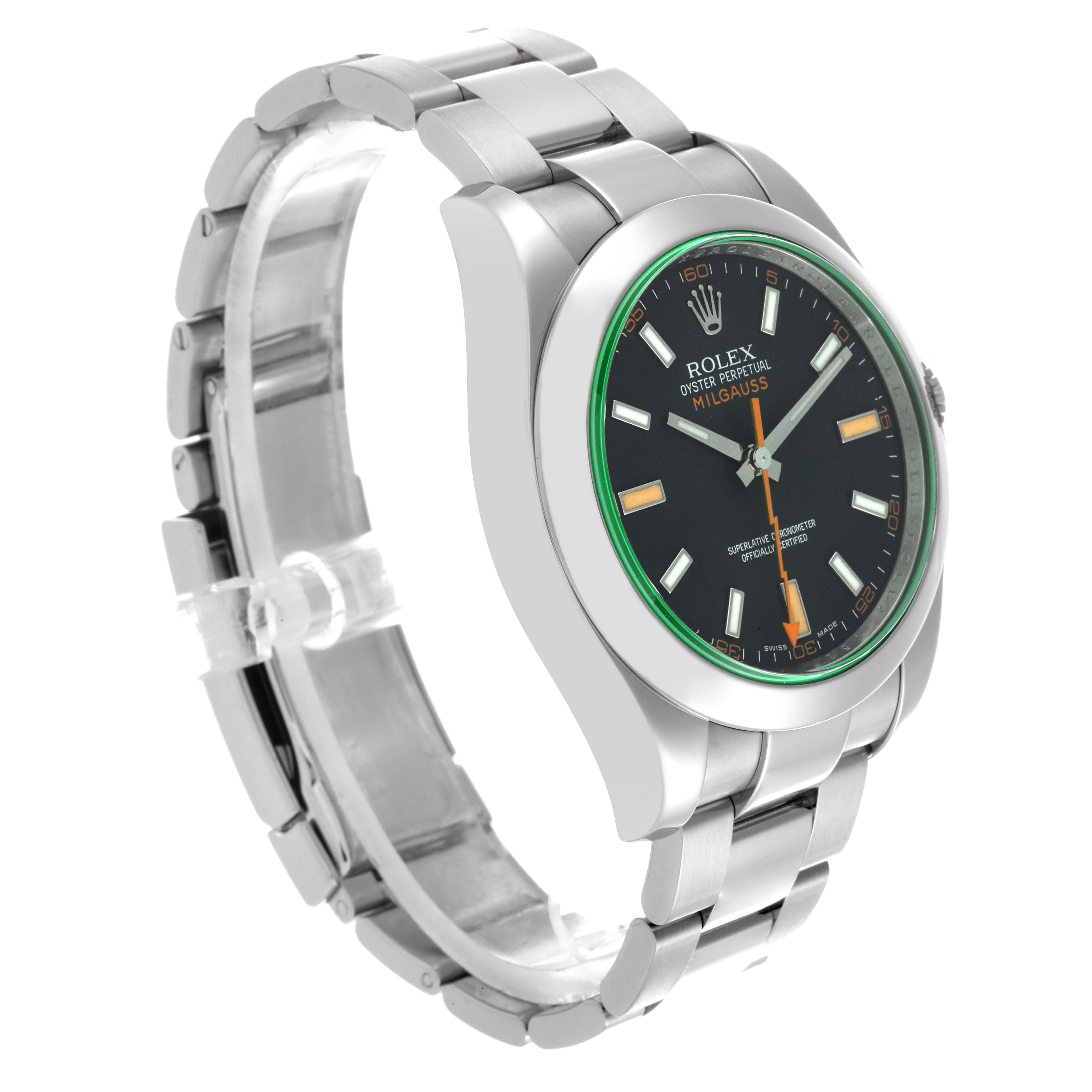 The Rolex Milgauss 116400 Men's Stainless Steel Black Dial 116400 Men's Stainless Steel Black Dial watch is shown at a slight side angle, displaying its face, bezel, and stainless steel bracelet.