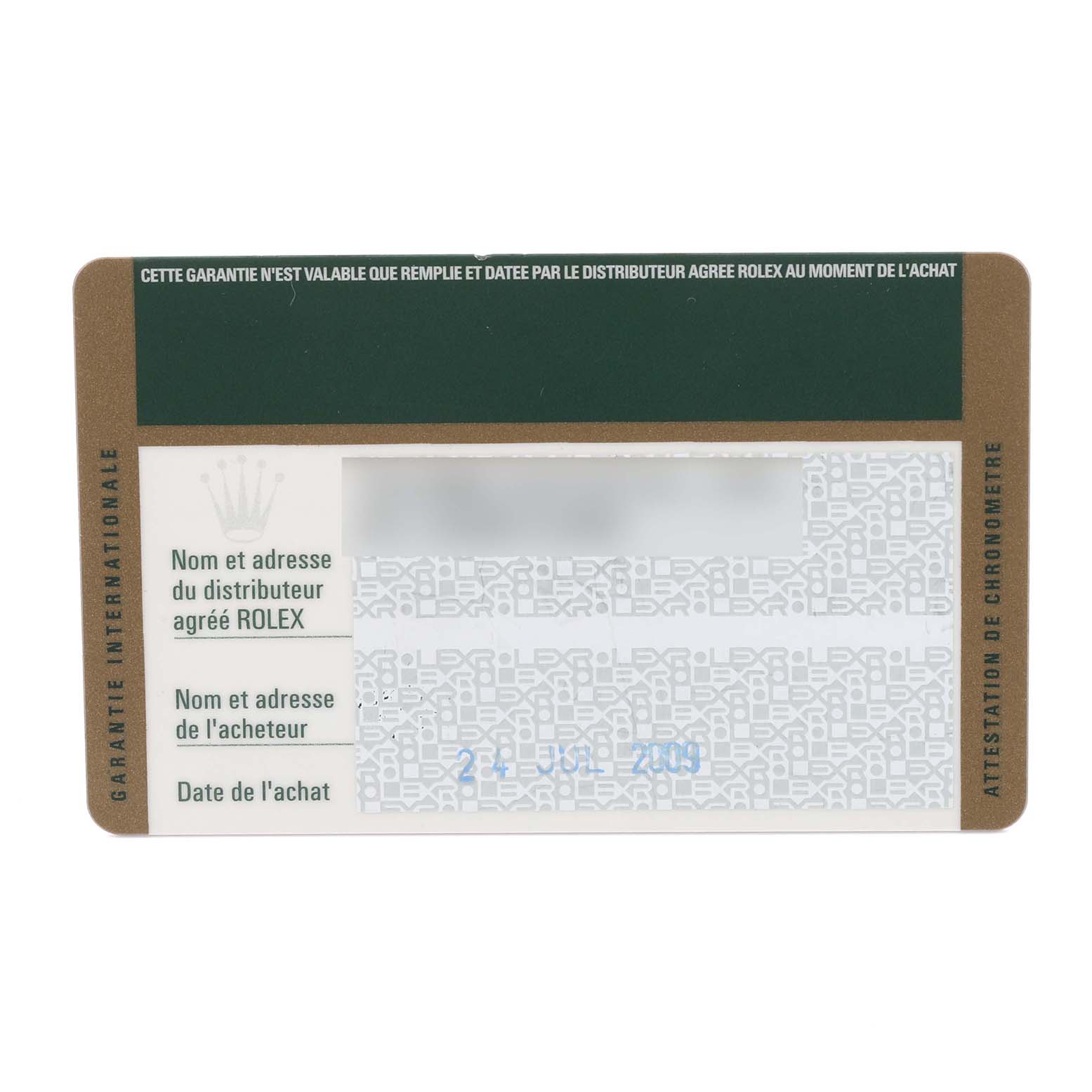 This is a Rolex Milgauss 116400 Men's Stainless Steel Black Dial 116400 Men's Stainless Steel Black Dial warranty card, shown from the front with information fields visible.