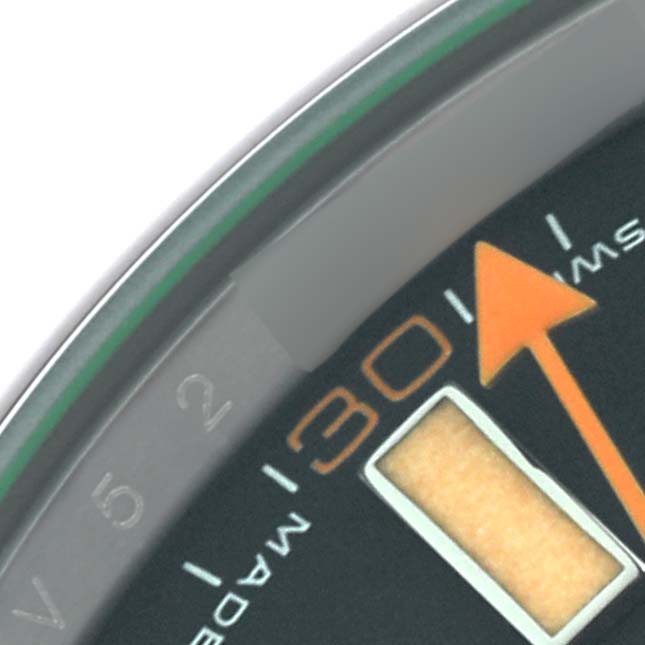 The image shows a close-up of the Rolex Milgauss 116400 Men's Stainless Steel Black Dial 116400 Men's Stainless Steel Black Dial watch's dial, highlighting the orange second hand and markers around 3 o'clock.