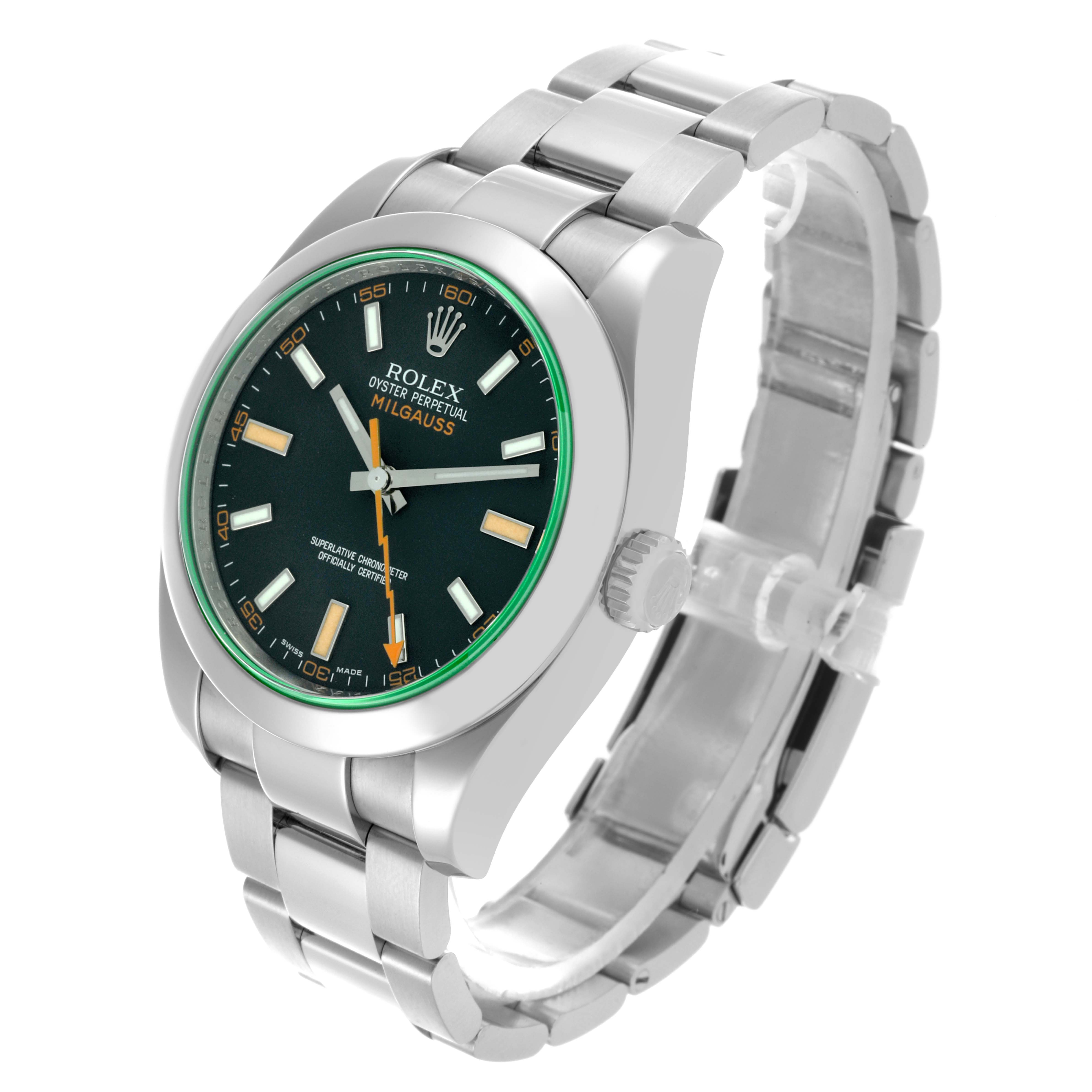 The image shows a side angle of the Rolex Milgauss 116400 Men's Stainless Steel Black Dial 116400 Men's Stainless Steel Black Dial watch, highlighting its dial, bracelet, and crown.