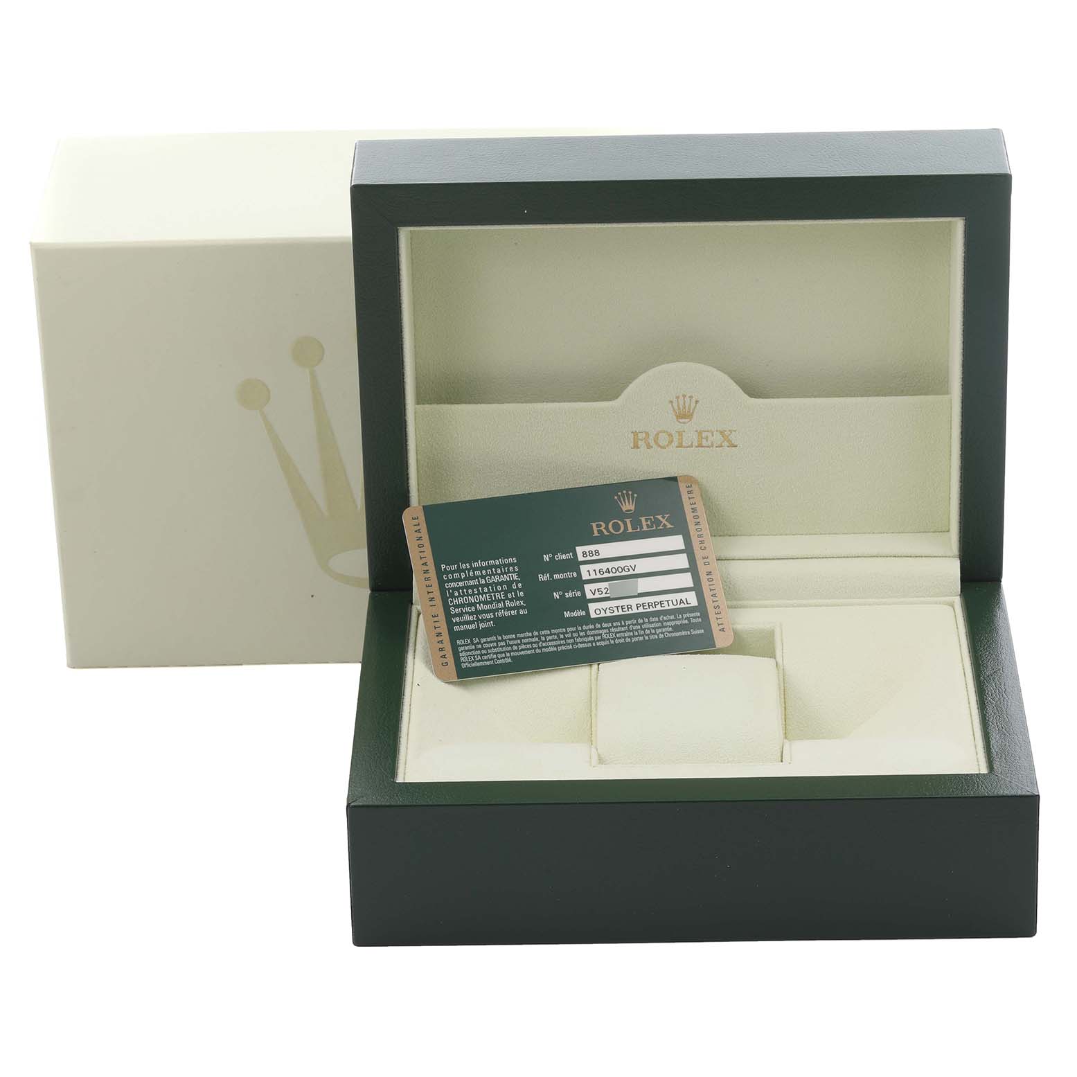 The image shows a Rolex Milgauss 116400 Men's Stainless Steel Black Dial 116400 Men's Stainless Steel Black Dial watch box and an authenticity card, viewed from the front.