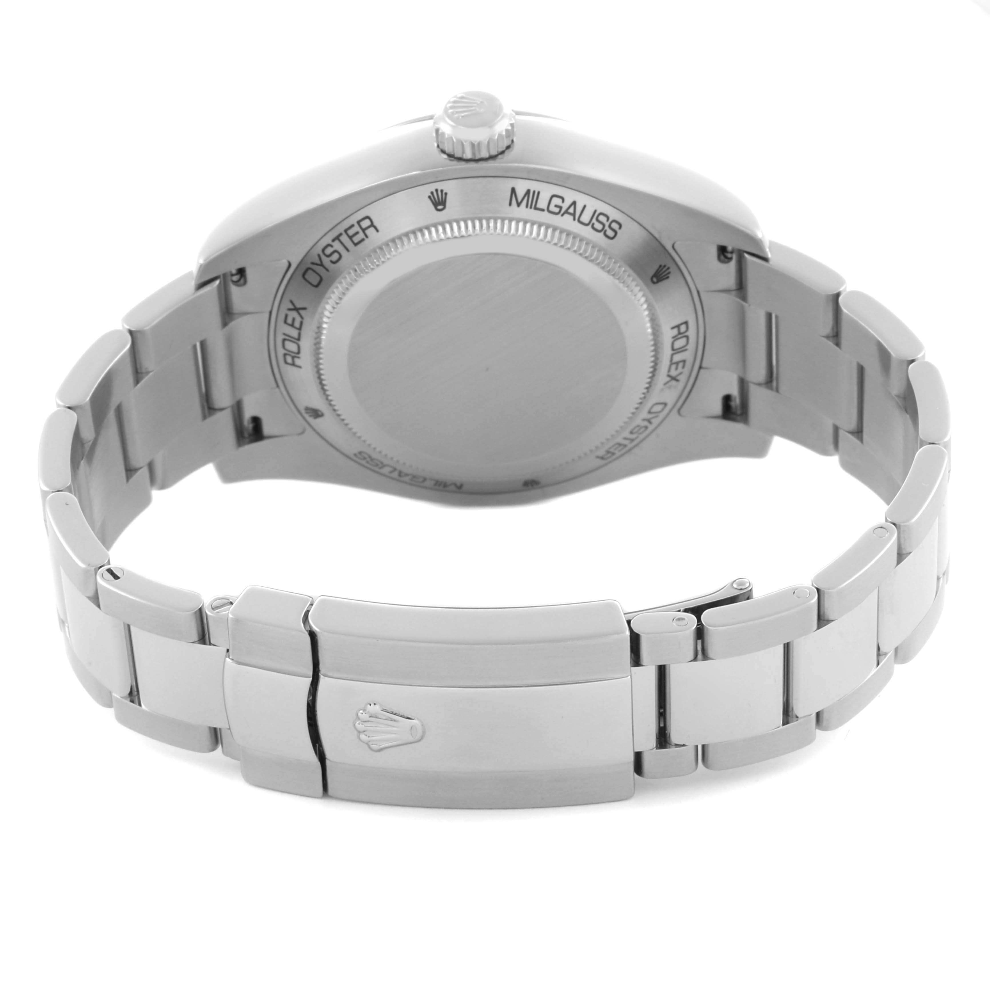 The image shows the back and bracelet of a Rolex Milgauss 116400 Men's Stainless Steel Black Dial 116400 Men's Stainless Steel Black Dial watch, highlighting its clasp and engraved case back.