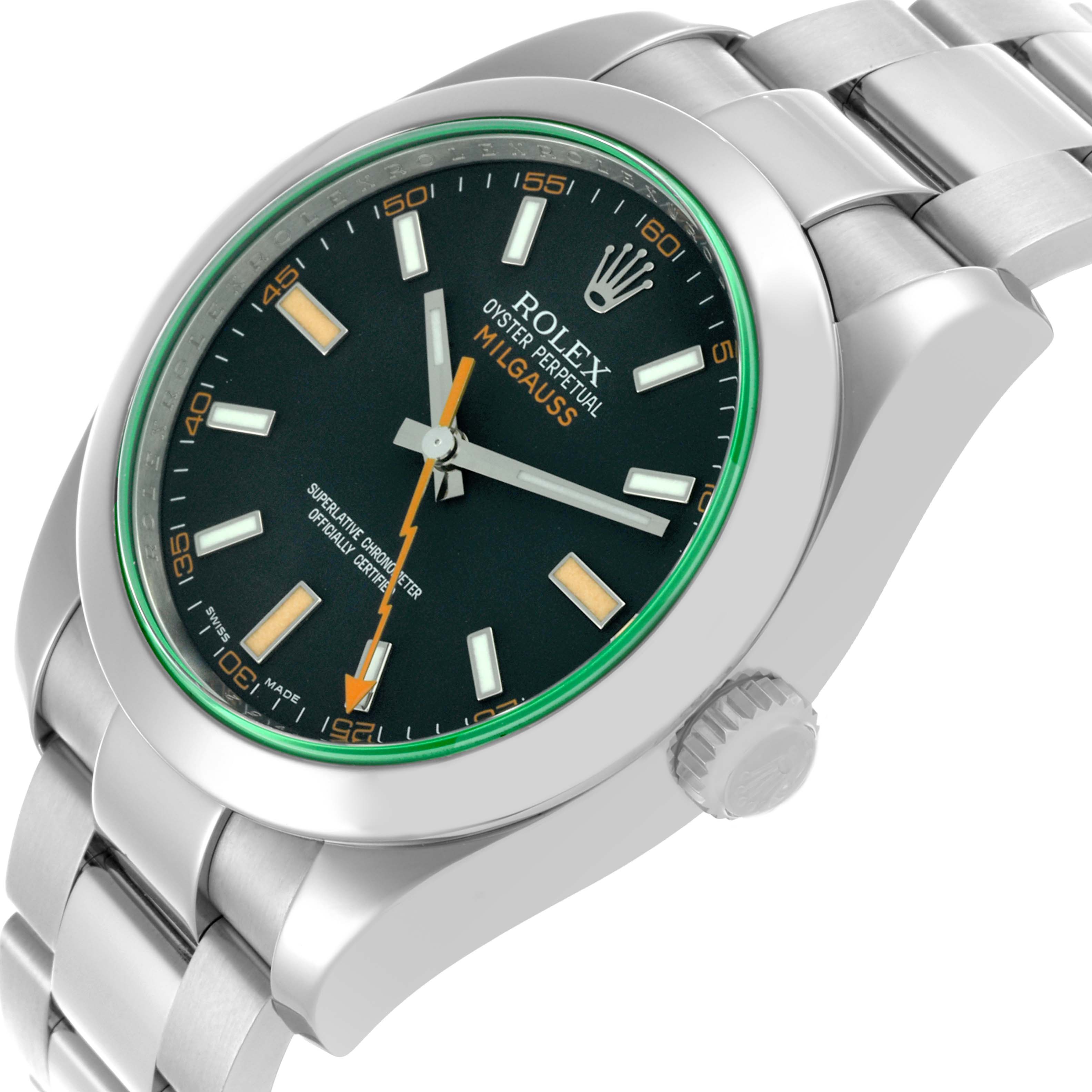 The image shows a side angle of the Rolex Milgauss 116400 Men's Stainless Steel Black Dial 116400 Men's Stainless Steel Black Dial watch, highlighting the dial, crown, and bracelet.