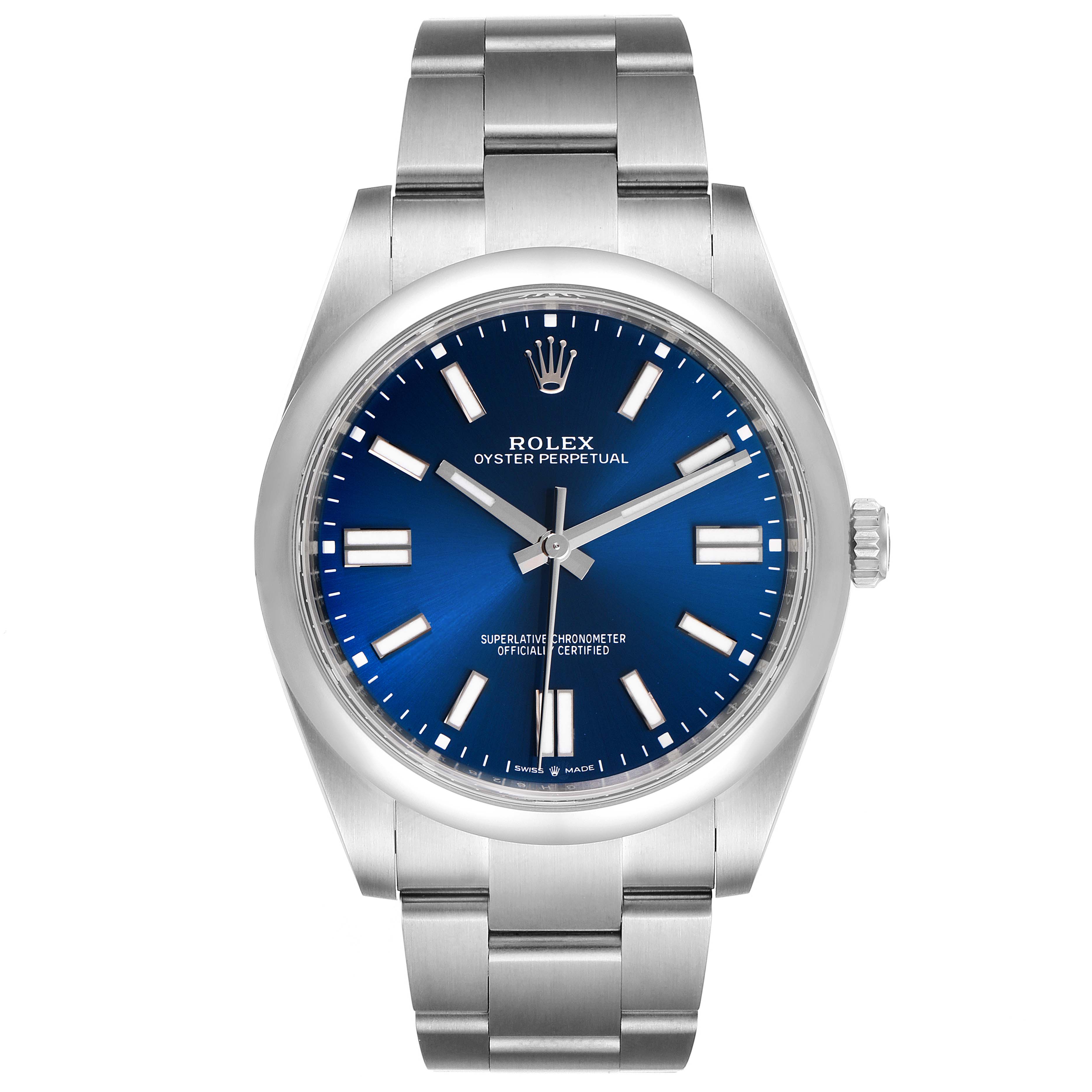 The image shows a front view of a Rolex Oyster Perpetual 124300 Men
s Stainless Steel Blue Dial 124300 Men
s Stainless Steel Blue Dial watch with a blue dial and stainless steel bracelet.