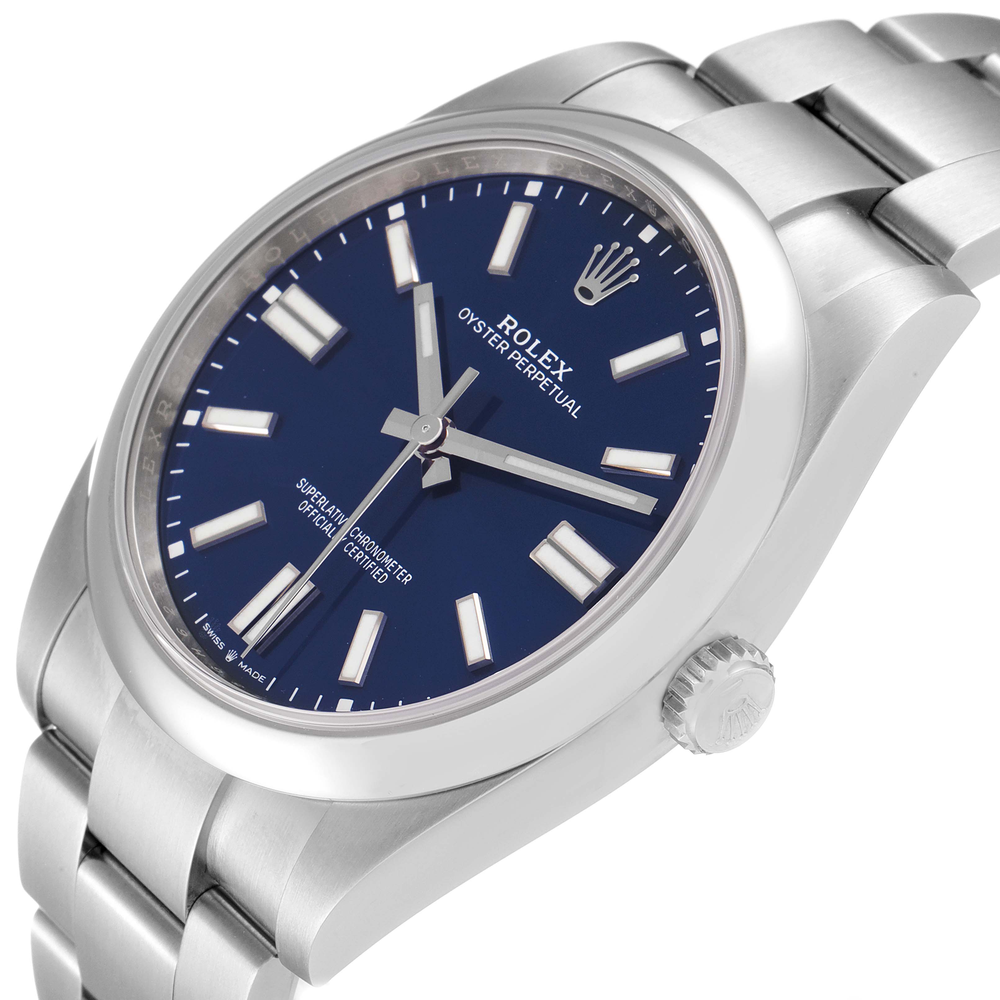 This image shows a side angle of a Rolex Oyster Perpetual 124300 Men
s Stainless Steel Blue Dial 124300 Men
s Stainless Steel Blue Dial watch, highlighting the dial, bezel, crown, and part of the bracelet.