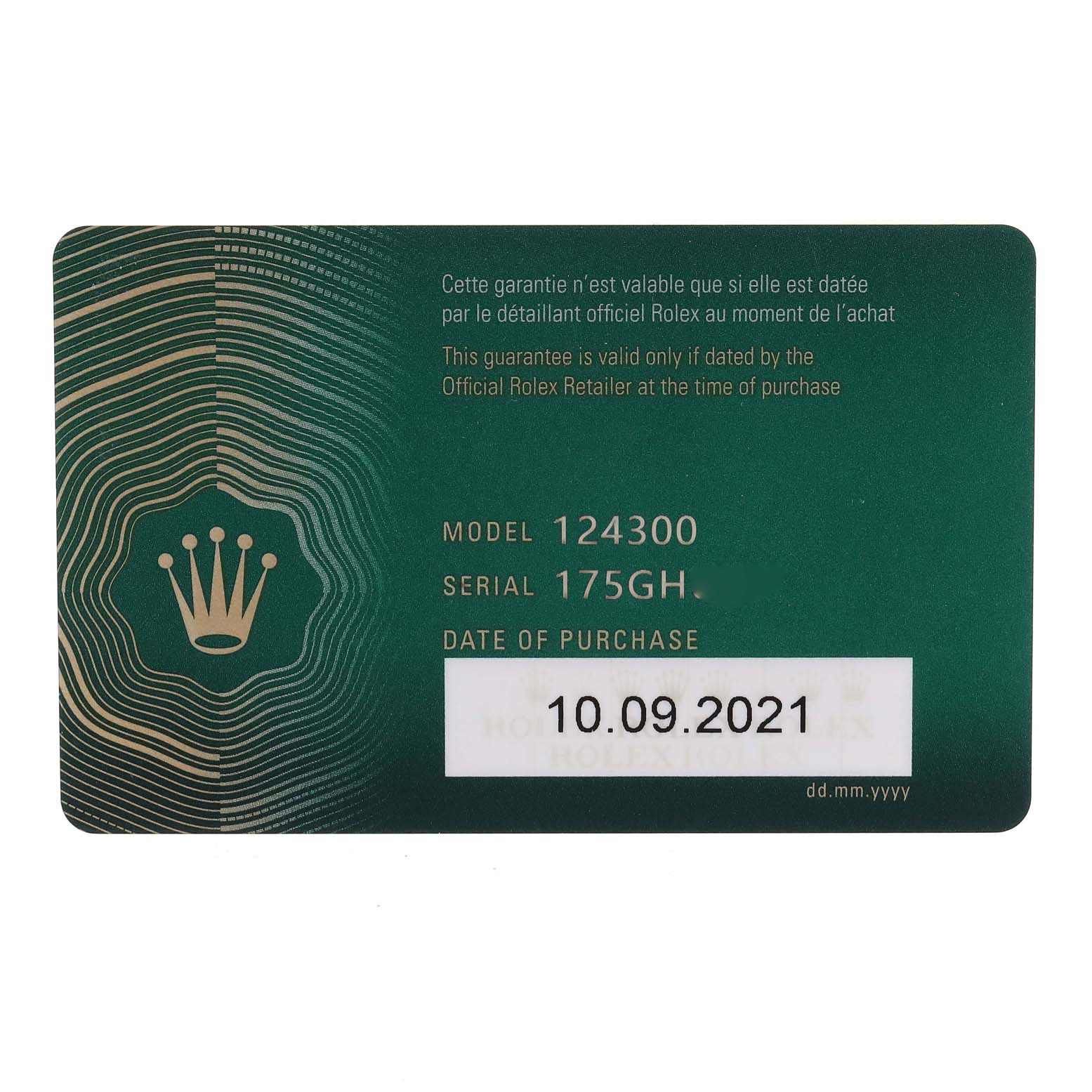 The image shows the official warranty card for a Rolex Oyster Perpetual 124300 Men
s Stainless Steel Blue Dial 124300 Men
s Stainless Steel Blue Dial model 124300 watch.