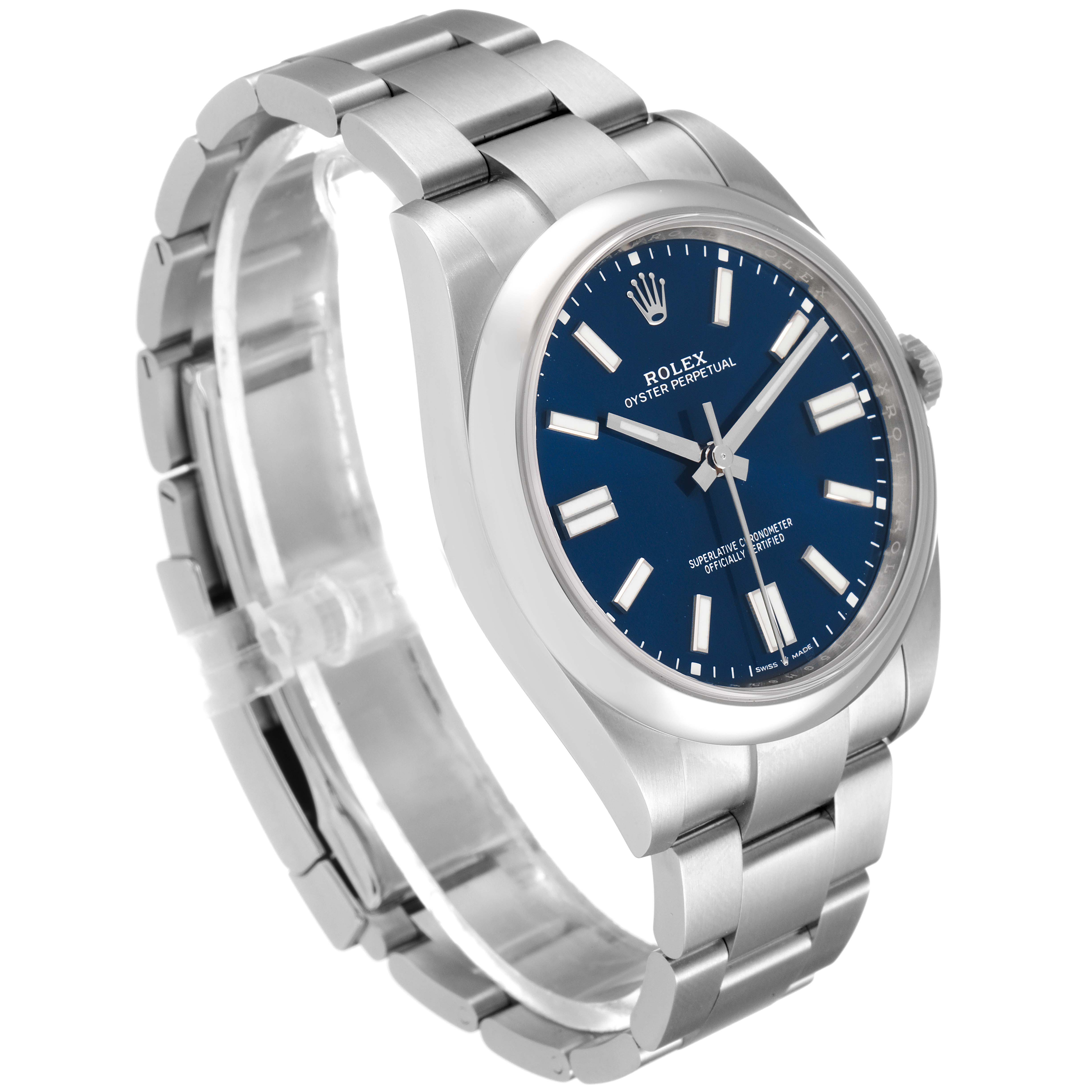 The Rolex Oyster Perpetual 124300 Men
s Stainless Steel Blue Dial 124300 Men
s Stainless Steel Blue Dial watch is shown at a three-quarter angle, highlighting its face, case, and bracelet.