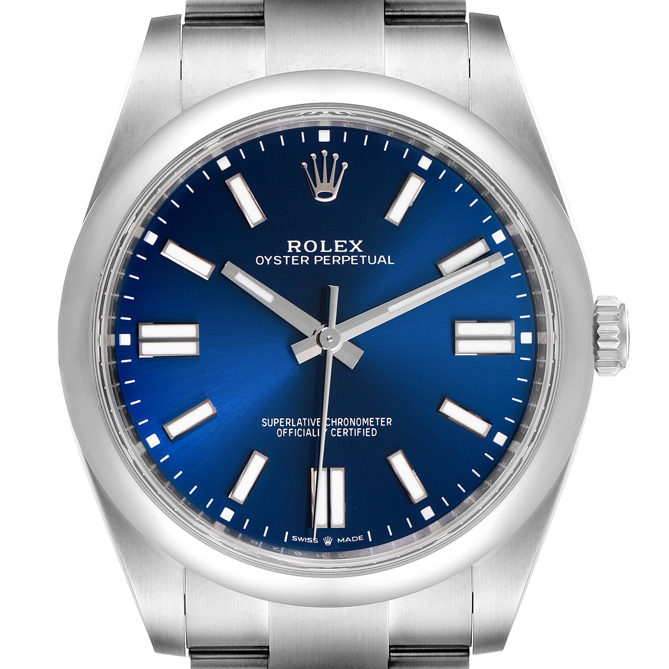 The image shows a front view of the Rolex Oyster Perpetual 124300 Men
s Stainless Steel Blue Dial 124300 Men
s Stainless Steel Blue Dial watch, displaying its blue dial, hour markers, crown, and stainless steel bracelet.
