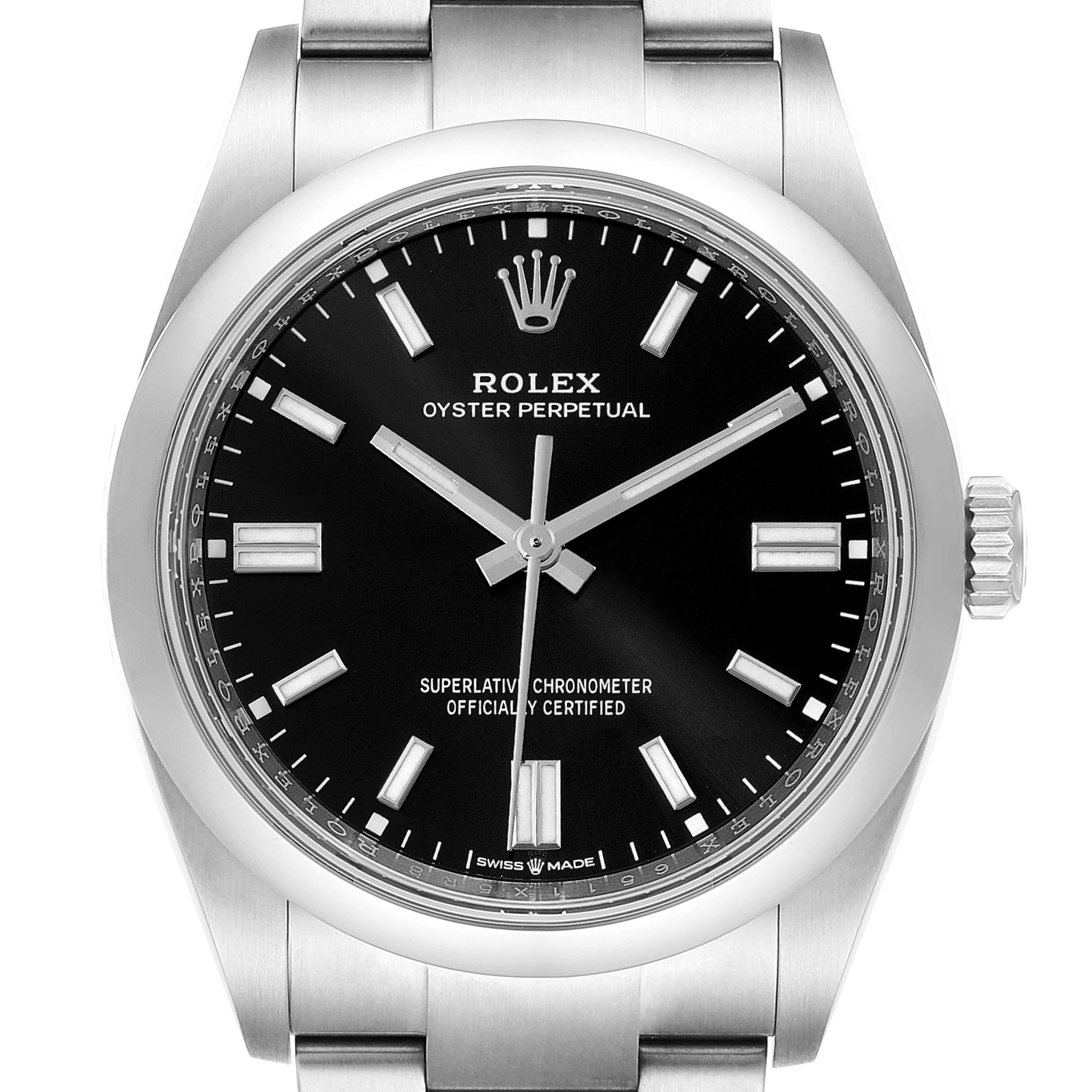 The image shows a front view of the Rolex Oyster Perpetual 126000 Men
s Stainless Steel Black Dial 126000 Men
s Stainless Steel Black Dial watch, highlighting its black dial, hands, crown, and part of the bracelet.