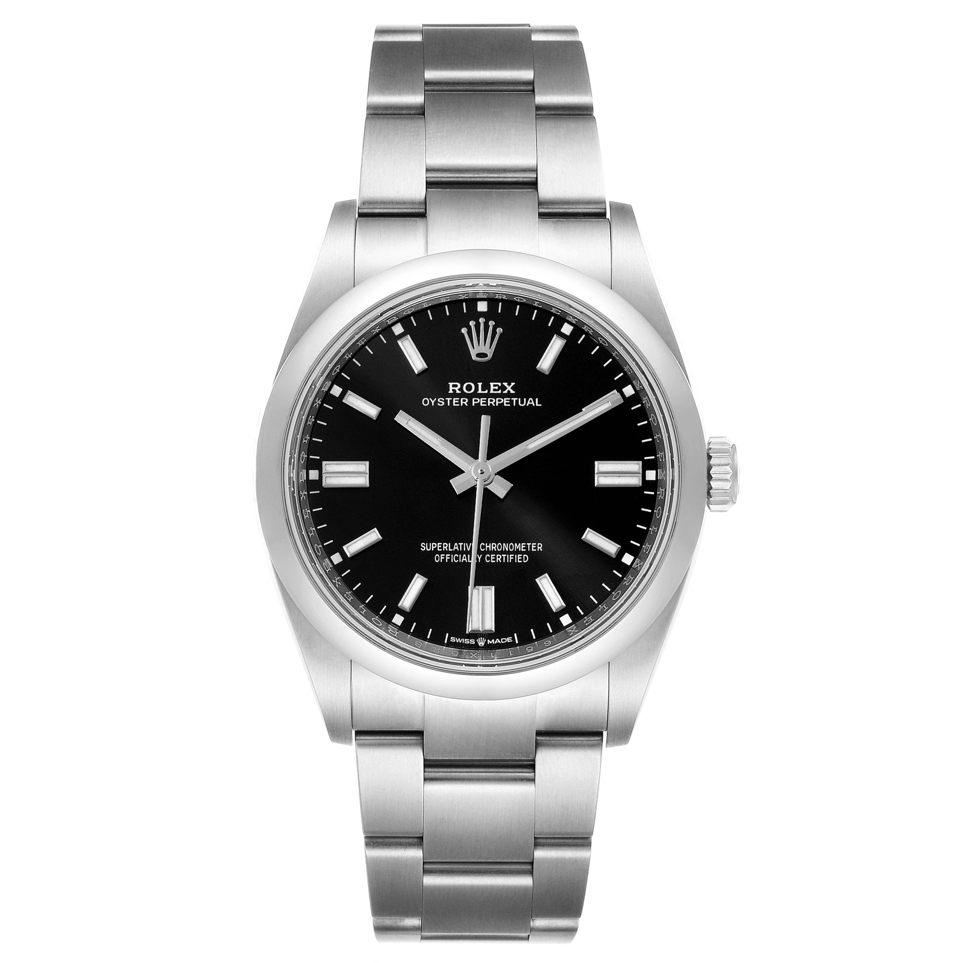 This image shows a front view of a Rolex Oyster Perpetual 126000 Men
s Stainless Steel Black Dial 126000 Men
s Stainless Steel Black Dial watch with a black dial and stainless steel bracelet.