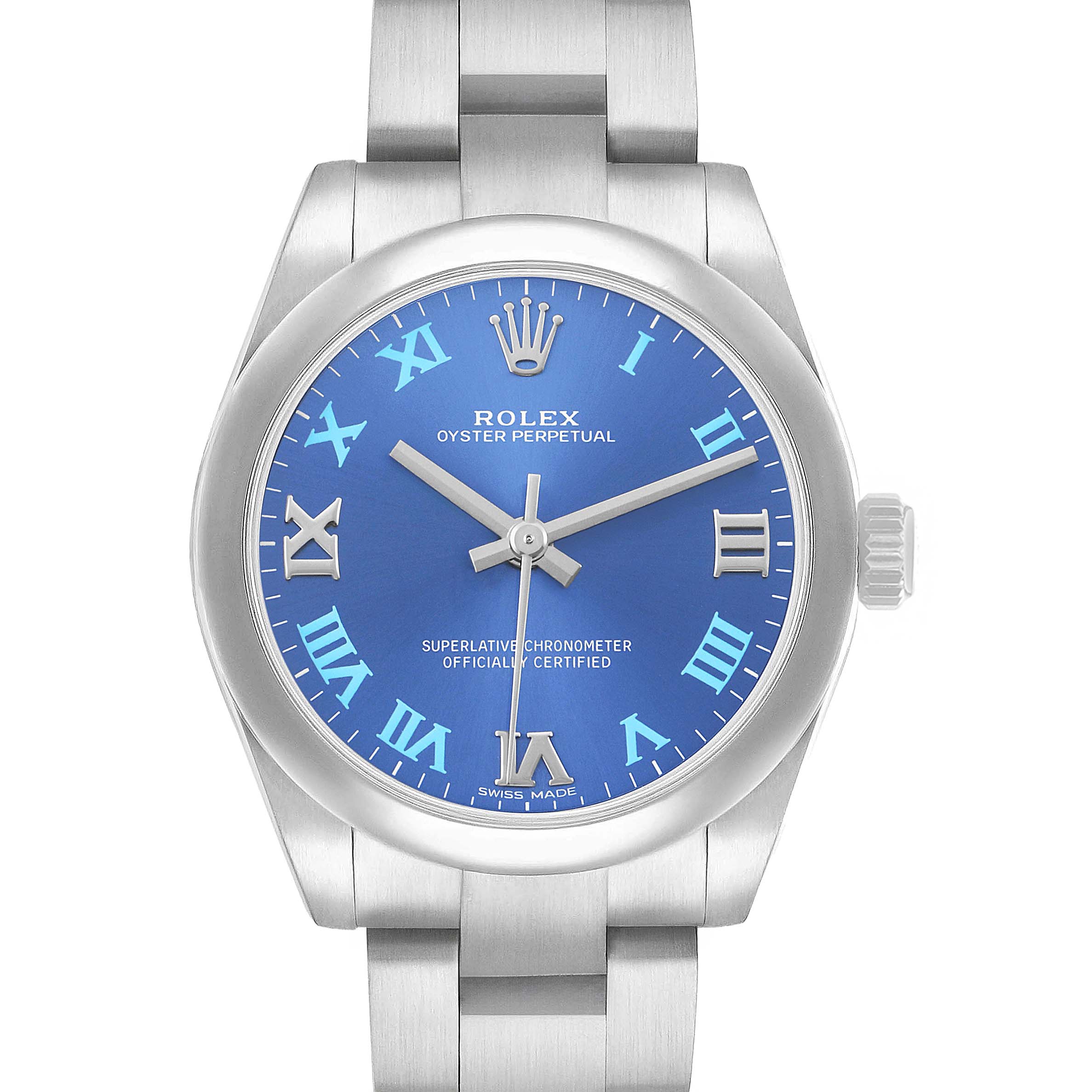 The Rolex Mid-Size 177200 Women's Stainless Steel Blue Dial model is shown from a front angle, displaying the blue dial, Roman numerals, and bracelet.
