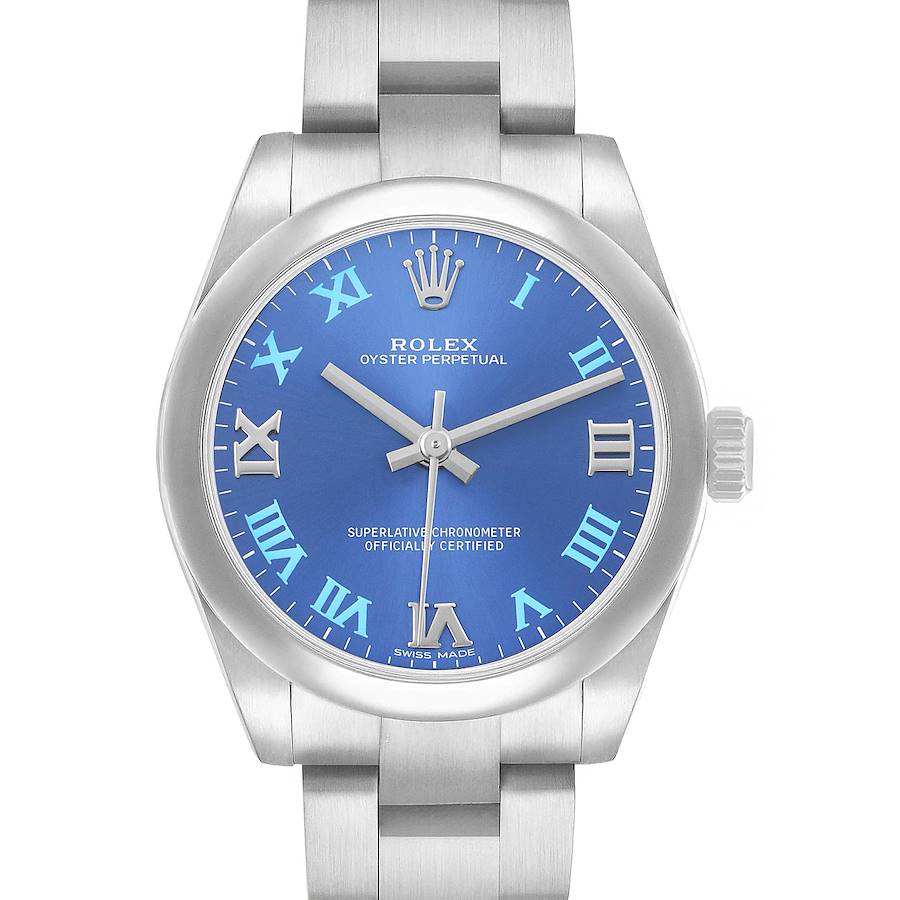 The Rolex Mid-Size 177200 Women's Stainless Steel Blue Dial model is shown from a front angle, displaying the blue dial, Roman numerals, and bracelet.