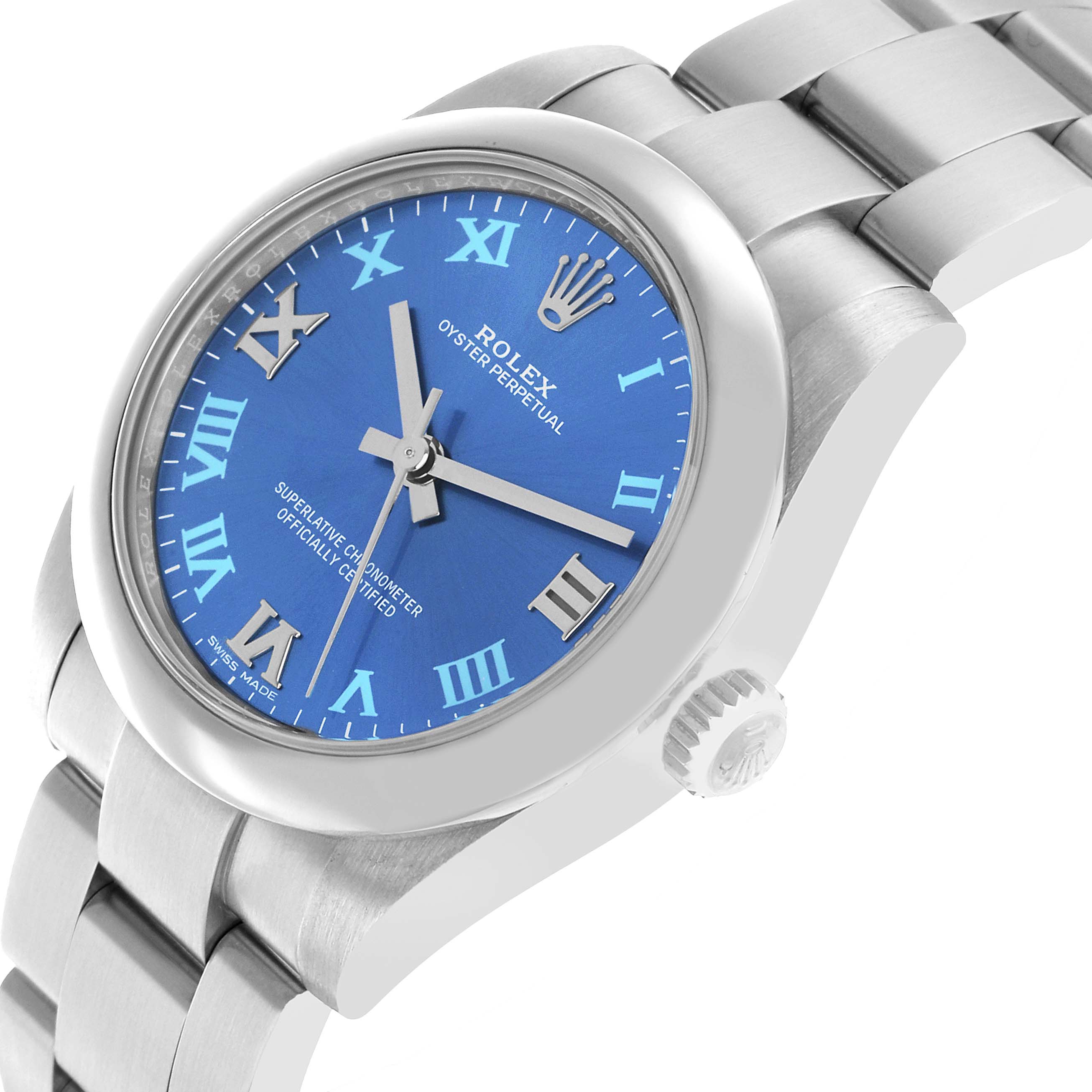 The Rolex Mid-Size 177200 Women's Stainless Steel Blue Dial model is shown at a slight angle, highlighting the blue dial, bezel, crown, and part of the bracelet.