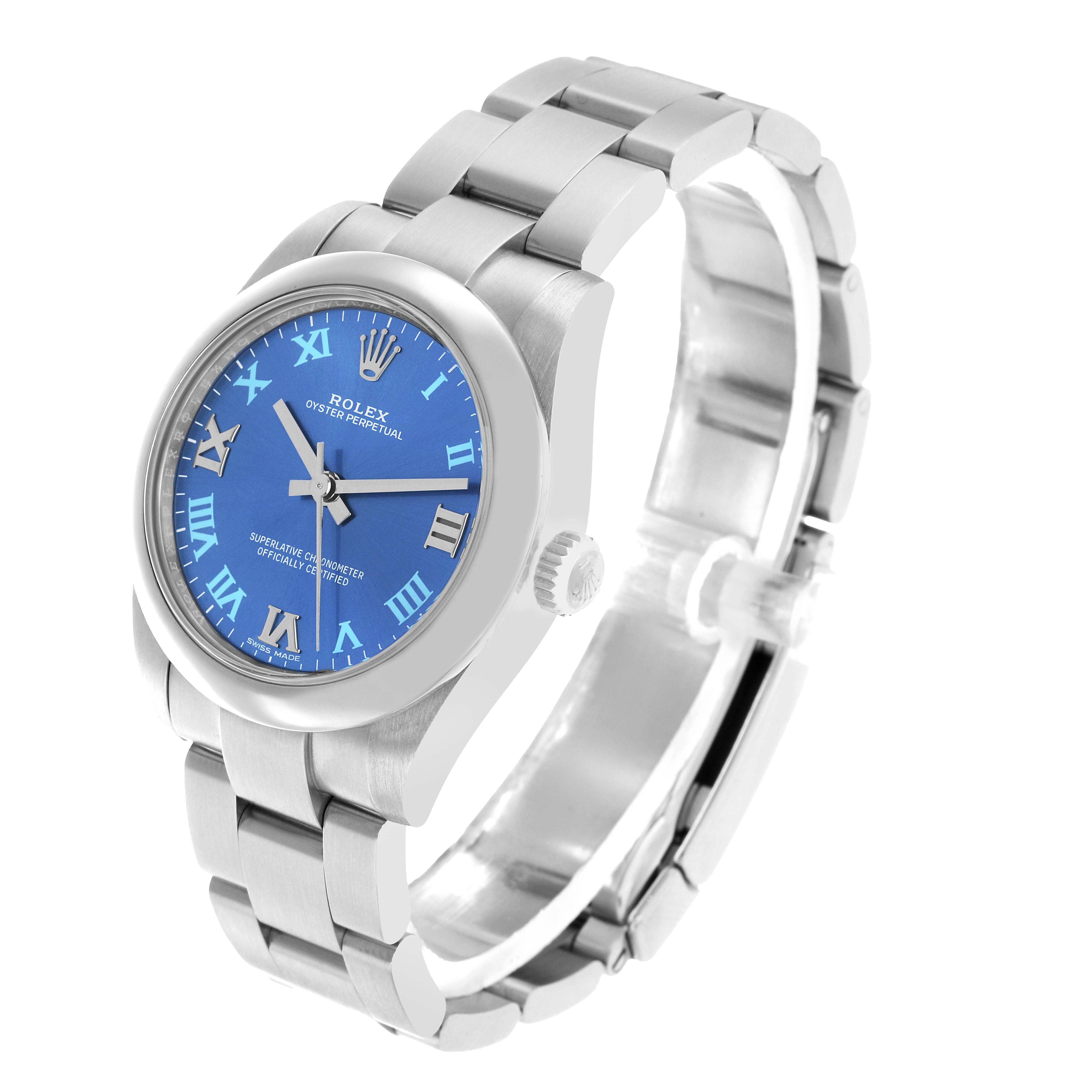 The Rolex Oyster Perpetual Mid-Size watch is shown at a three-quarter angle, highlighting the face, bezel, crown, and bracelet.