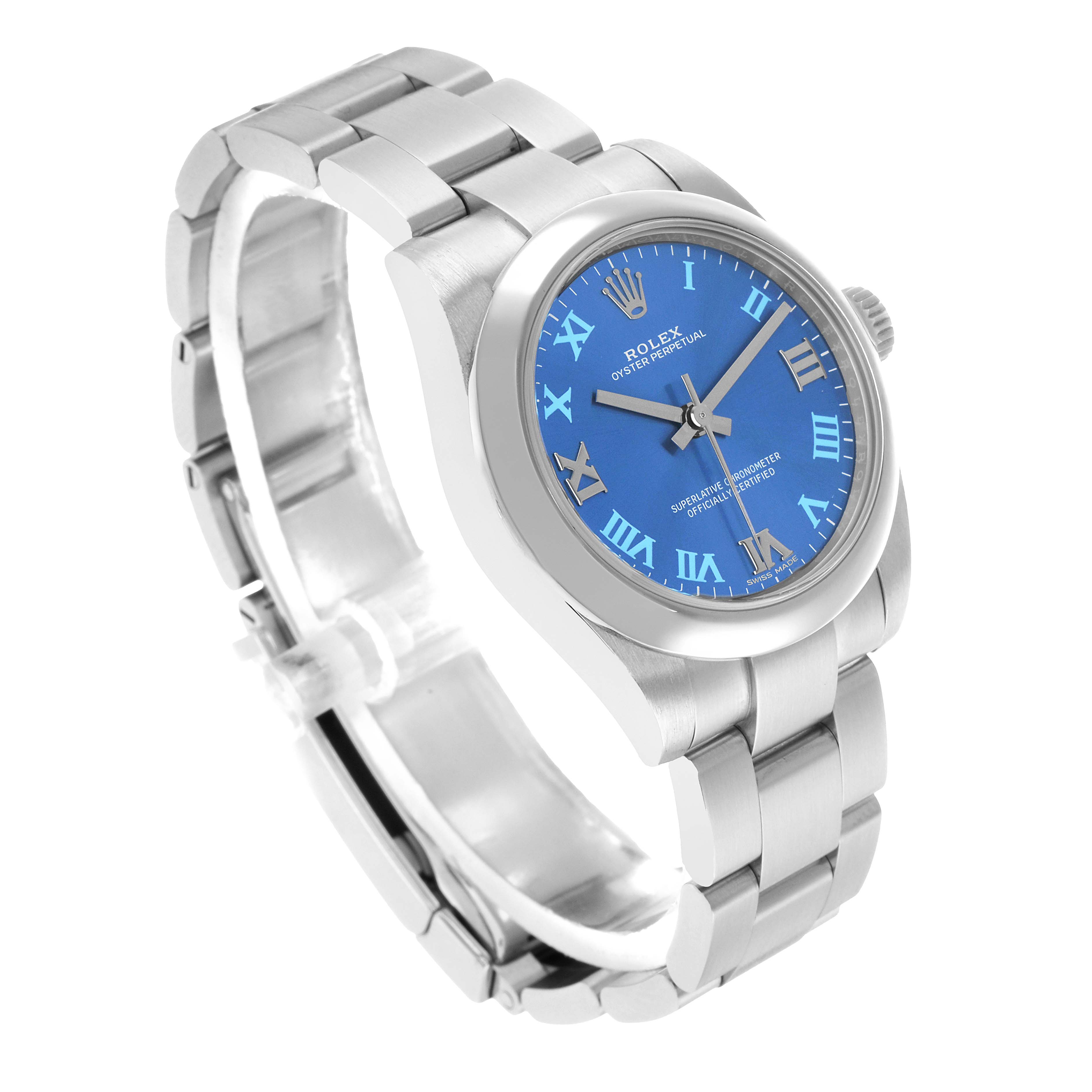 The Rolex Mid-Size 177200 Women's Stainless Steel Blue Dial watch is shown at a three-quarter angle, highlighting the blue dial, bezel, bracelet, and clasp.