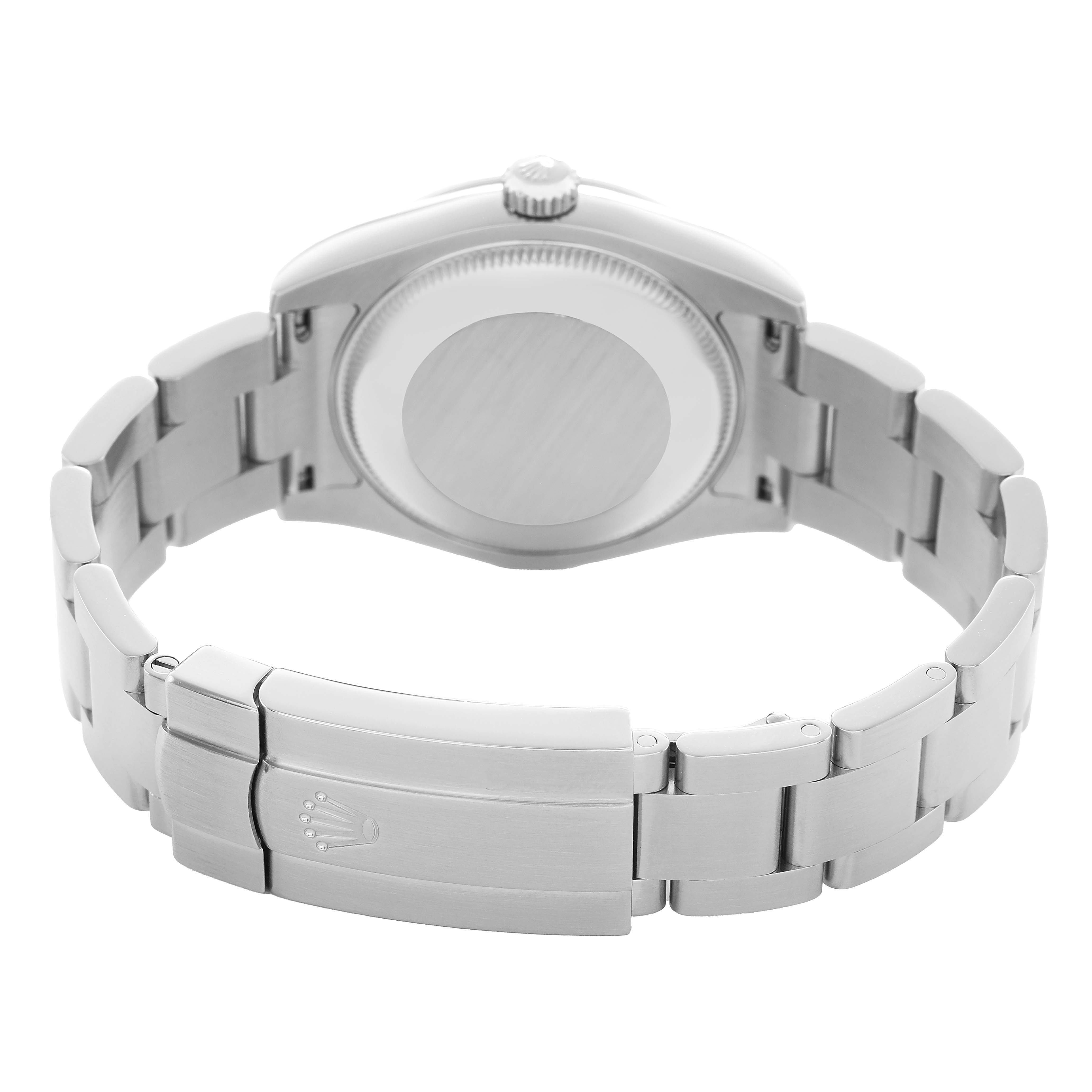 The Rolex Mid-Size 177200 Women's Stainless Steel Blue Dial model is shown from the back, highlighting the case back, bracelet, and clasp.