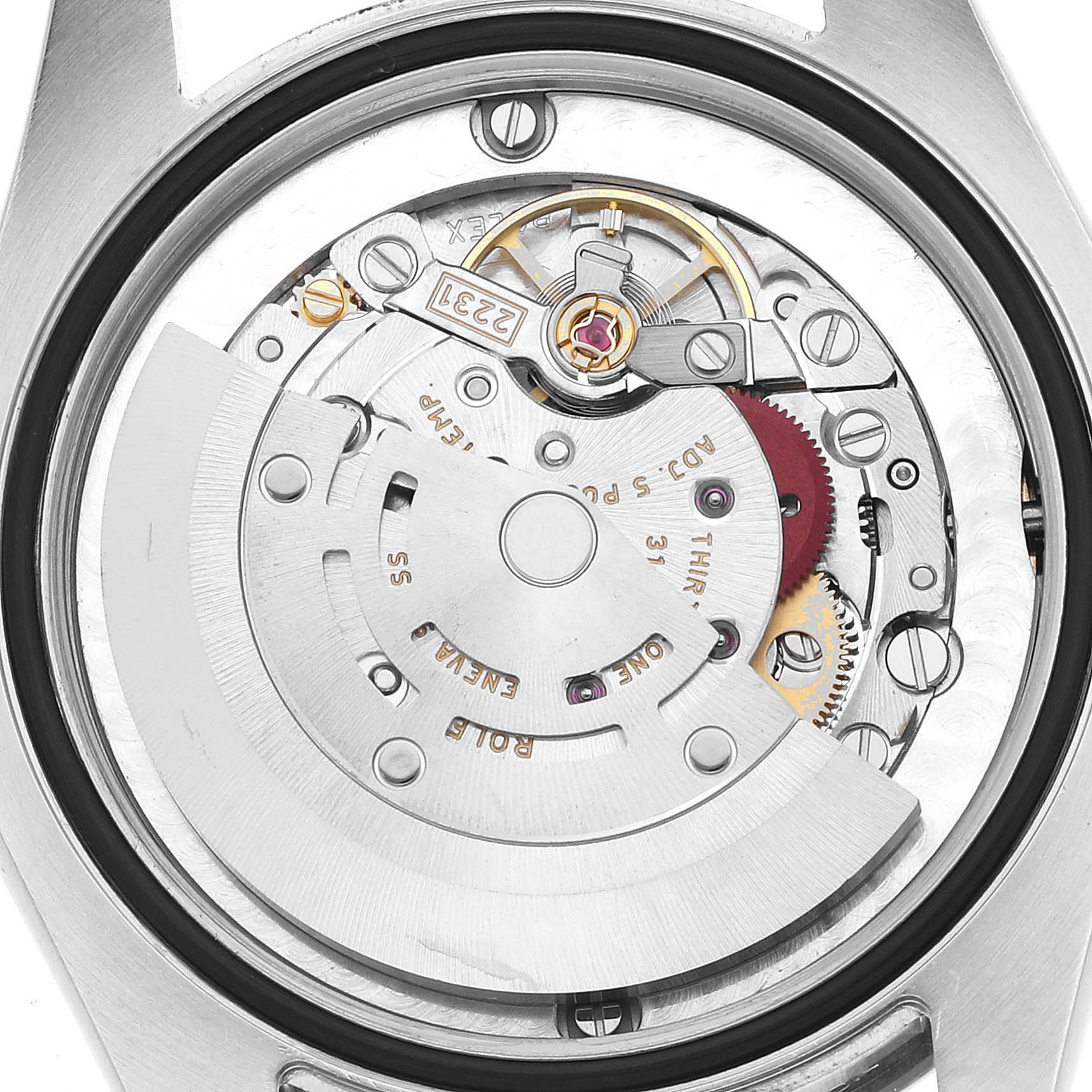 The image shows the back view of a Rolex Mid-Size 177200 Women's Stainless Steel Blue Dial watch, highlighting its movement and rotor.