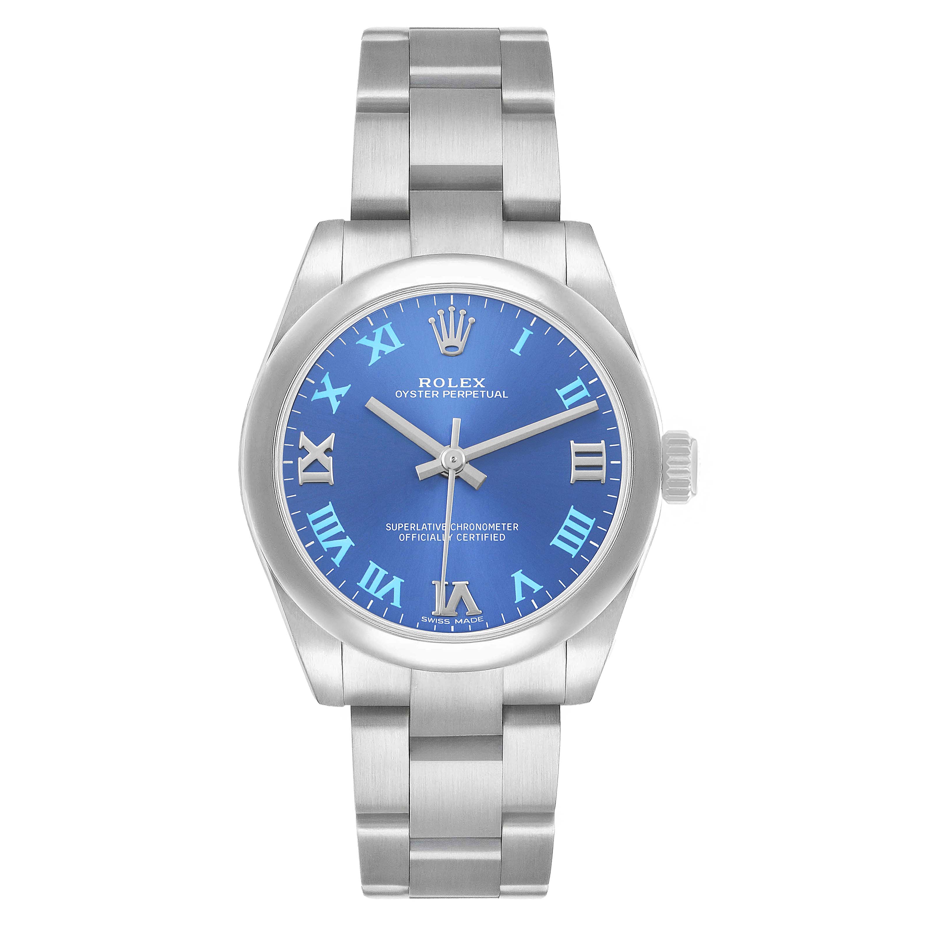 The Rolex Mid-Size 177200 Women's Stainless Steel Blue Dial watch is shown from the front, displaying the face, bezel, bracelet, and crown.