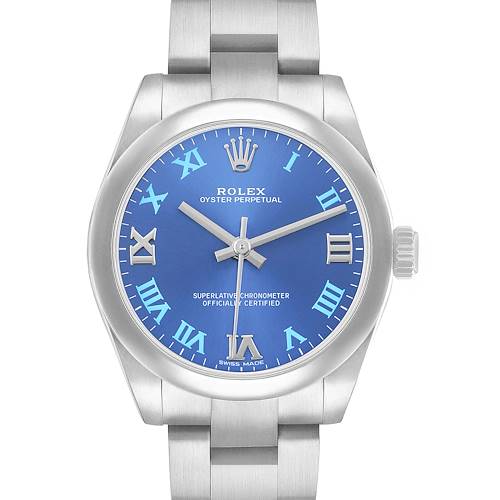 This Rolex Oyster Perpetual Mid-Size watch is shown from a front angle, highlighting the bezel, dial, hands, and part of the bracelet.